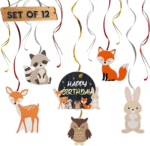 LINGTEER Woodland Creatures - Serpentinas de cumpleaños - 12 piezas de animales de la selva del bosque para colgar cumpleaños, decoración de fiesta