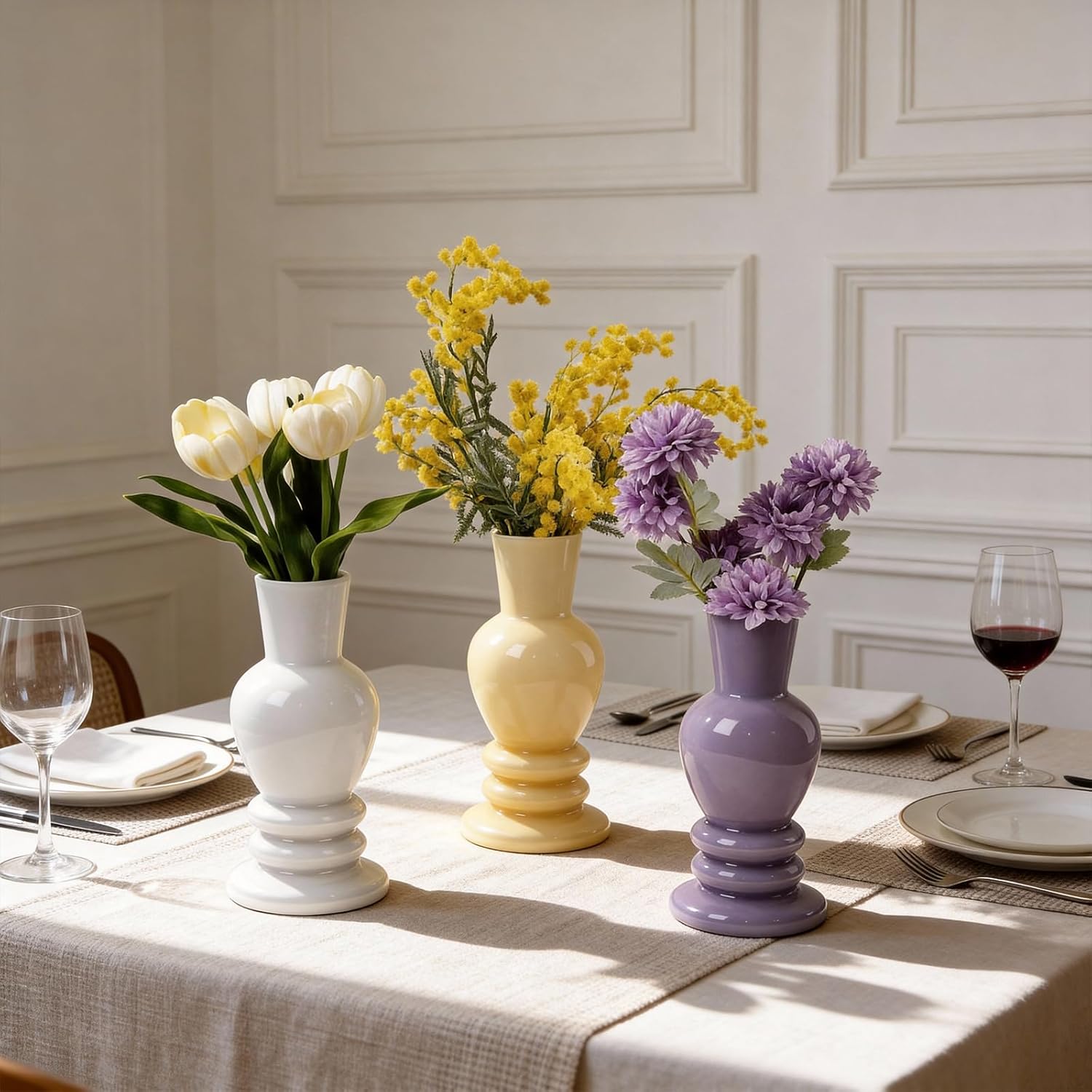 Handmade Glass Vase with Ceramic-Like Finish - 8" Roman Column Vase for Flowers Double-Layered Matte Morandi Vase for Modern Home Decor (White)