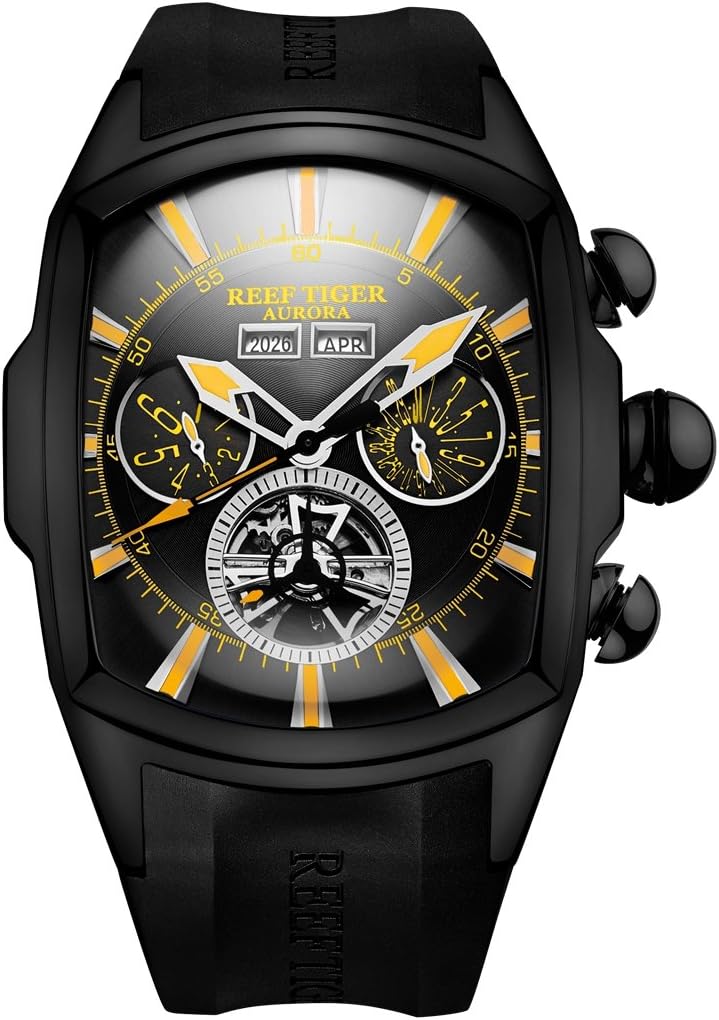 Reef Tiger Men's Movement Tourbillon Automatic Watch Black Steel RGA3069