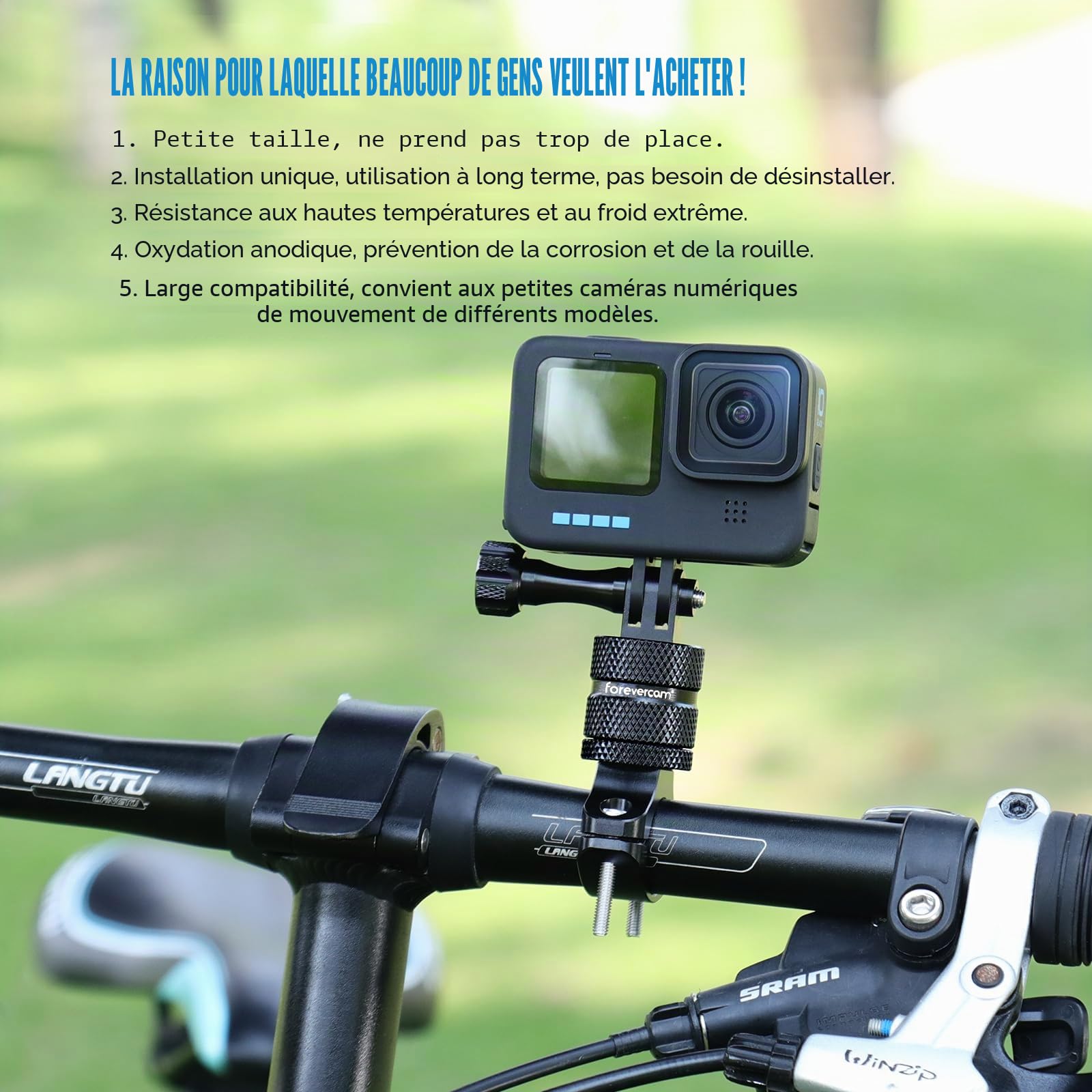 Forevercam-Support de caméra d’action en alliage d’aluminium pour guidon de vélo, rotation à 360 degrés, compatible avec diverses caméras