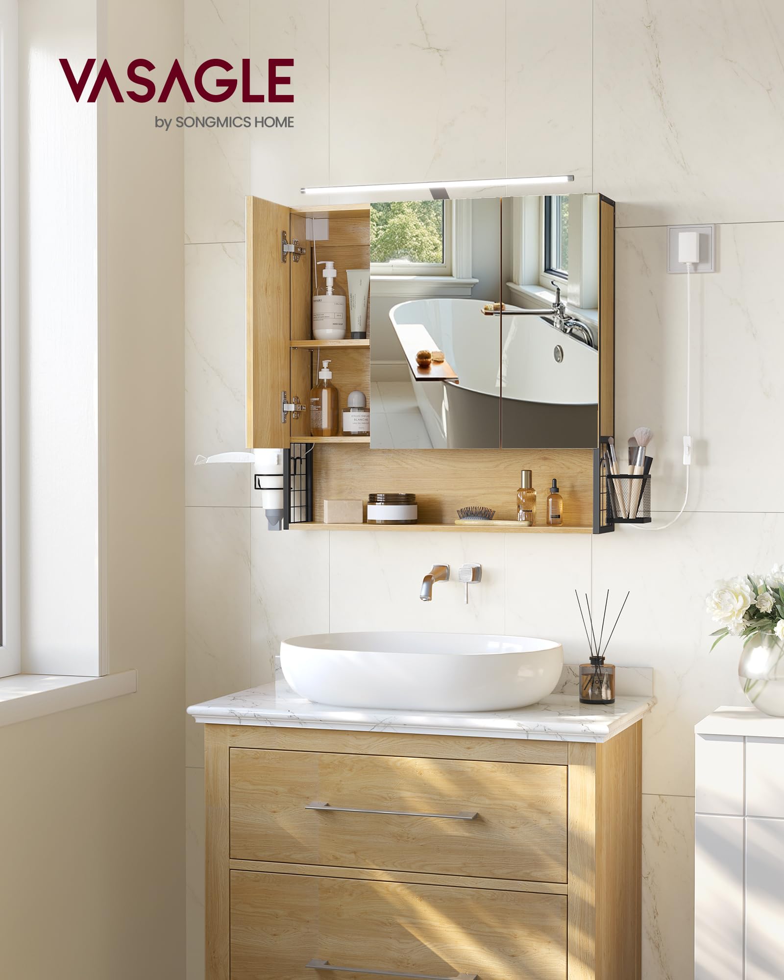 VASAGLE Armoire de Salle de Bain avec éclairage LED, 14,5 x 70 x 70 cm, Miroir 3 Portes, Meuble Mural avec Miroir, Prise, Panier, Support pour sèche-Cheveux, chêne Naturel BBK124Y01