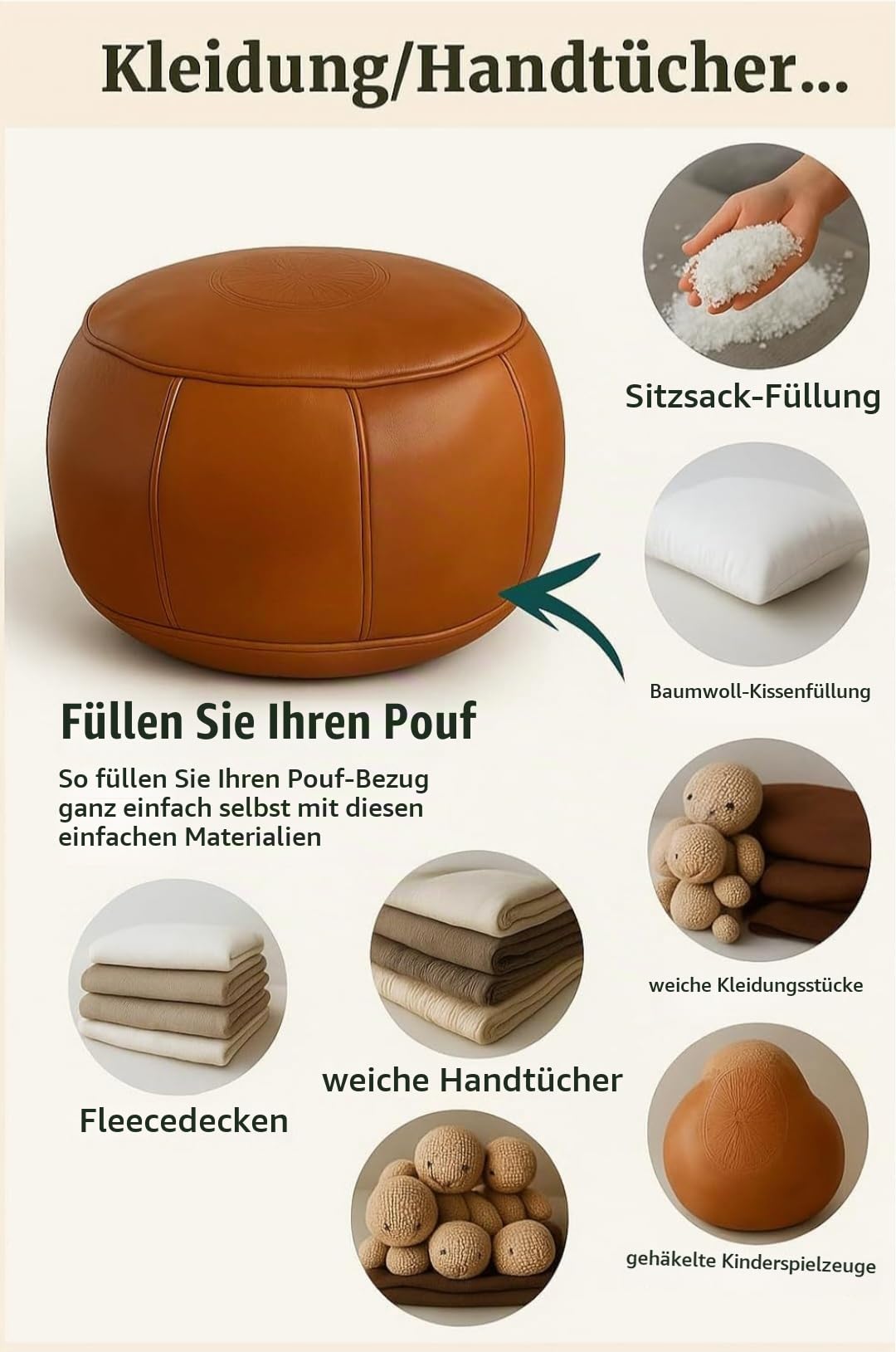 Pouf Braun, Handgefertigten Marokkanischer Echtleder Sitzpouf, Ungefüllt, Bequemer Sitzkissen für Erwachsene, Sitzpuff Rund, Bodenkissen aus Echtleder