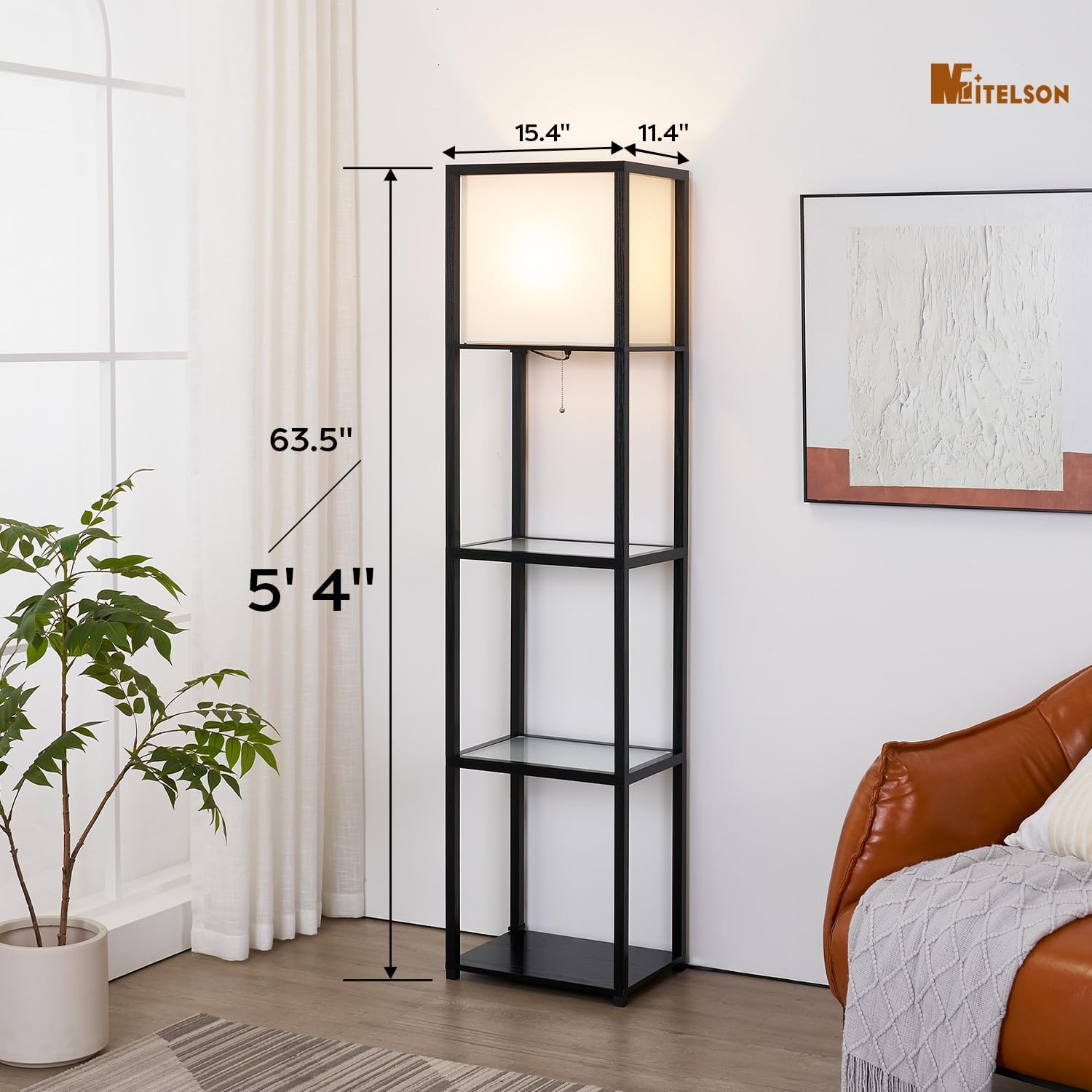 Floor Lamp with Shelves, Modern Standing Lamp with Tempered Glass Shelves, Large Display Shelf Lamp, Tall Lamp with Shelves for Living Room, Bedroom, Office, Black