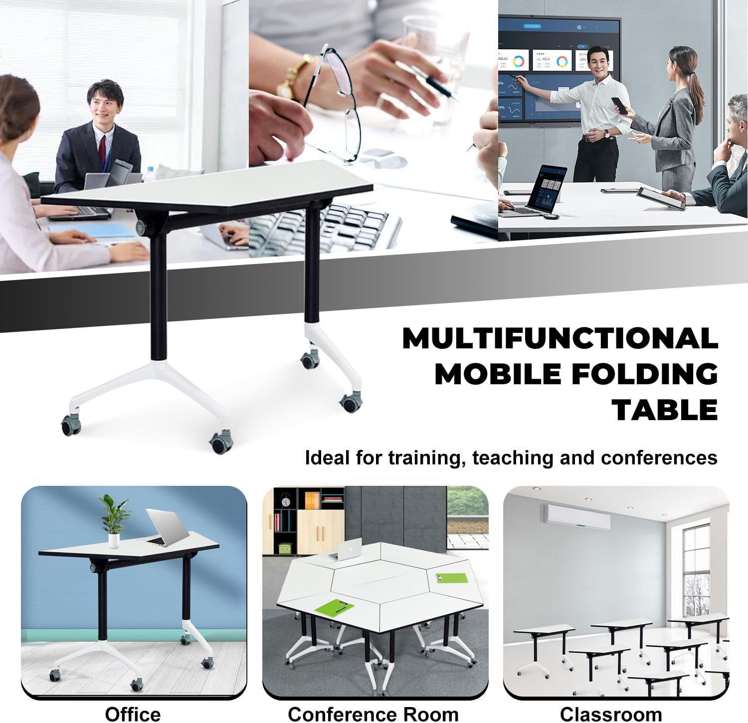 Conference Room Tables,47.2" Modern Office Folding Conference Table,Flip Top Mobile Training Tables with Lockable Wheels,Seminar Table Foldable Meeting Table for Classroom Office (Trapezoid, 8 Pack)