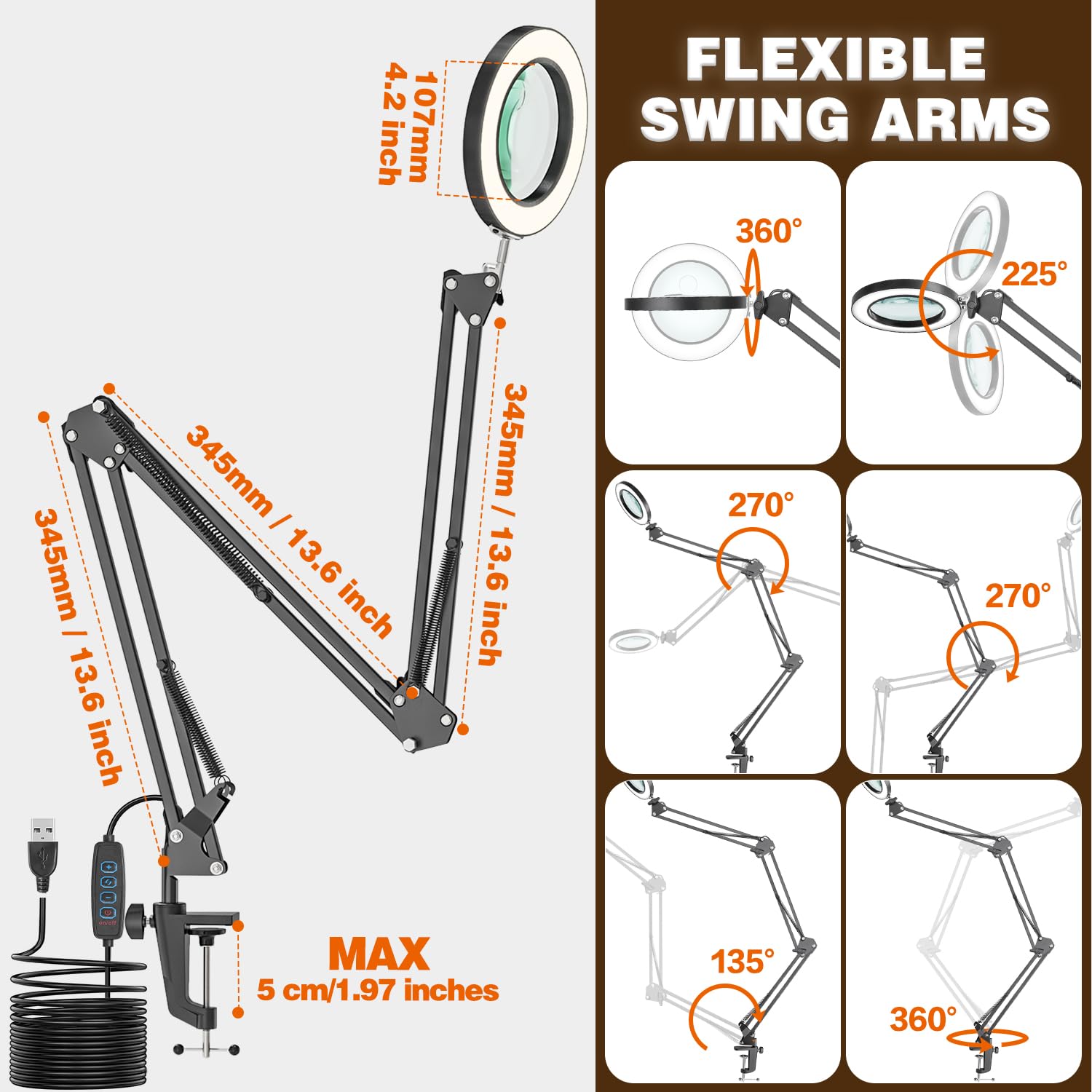 Jubor Magnifying Glass with Light, 15X 10X Magnifying Desk Lamp with Clamp and 3 Swivel Arms - Image 4