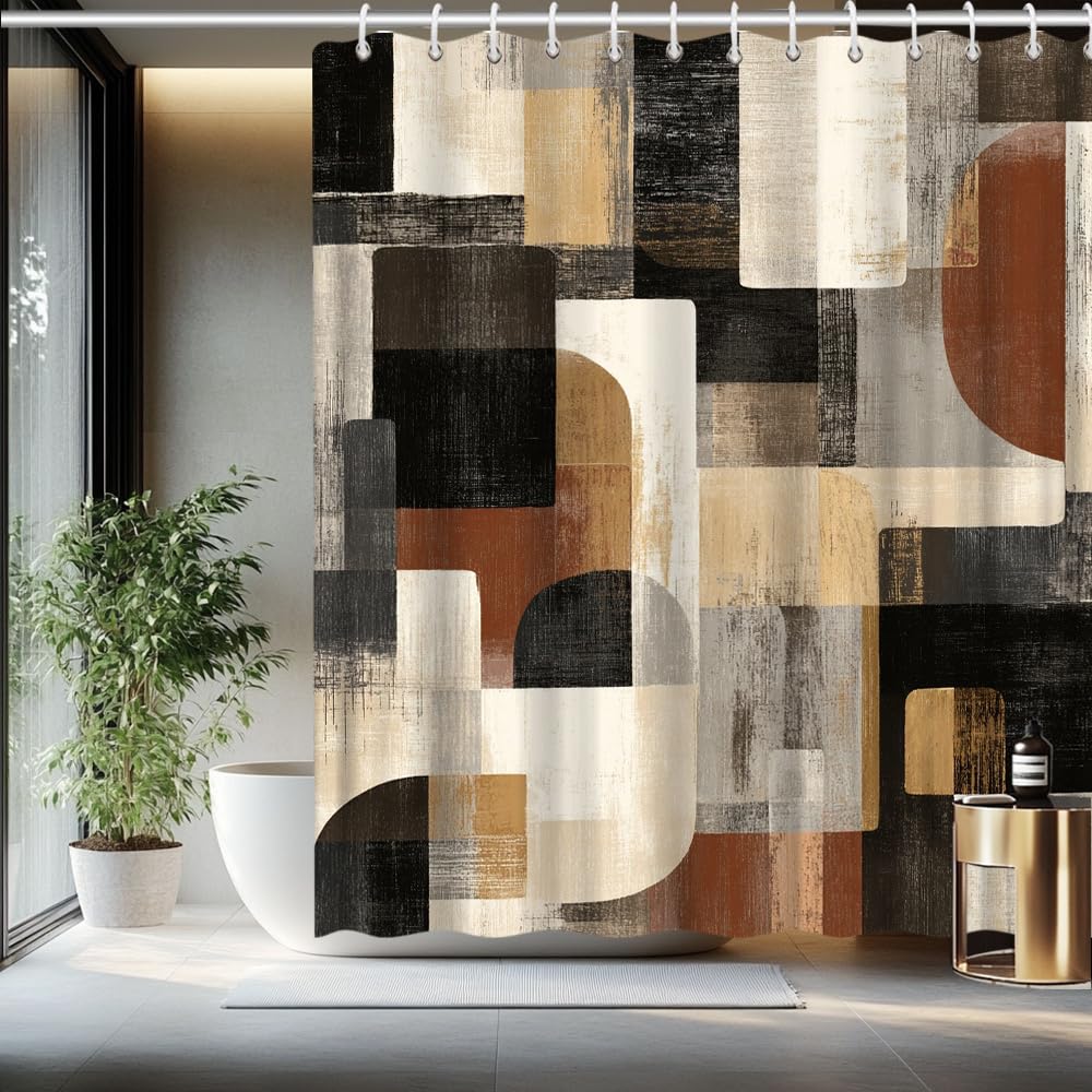 Uiyiui Multicolor-3 Abstract Geometric Shower Curtain 49X79in/125X200cm/Wxh Brown/Black/Gray Retro Neutral Textured Art Bathroom Curtain, Waterproof Polyester Fabric With Hooks For Hotel Home Decor