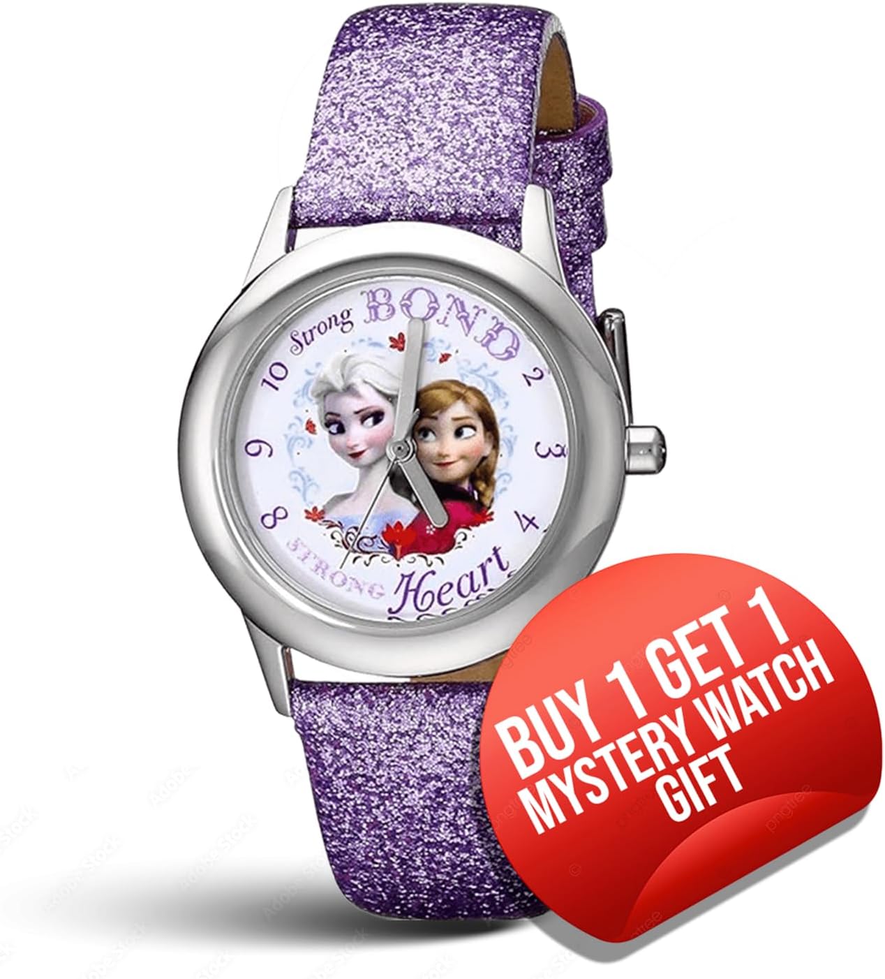 Disney Frozen Watch for Girls 4–7 – Princess Featuring Character Dial – Great Gift for Kids – Silver Bezel and Sparkling Purple Leather Strap - Buy and GET 1 Free Mystery Watch