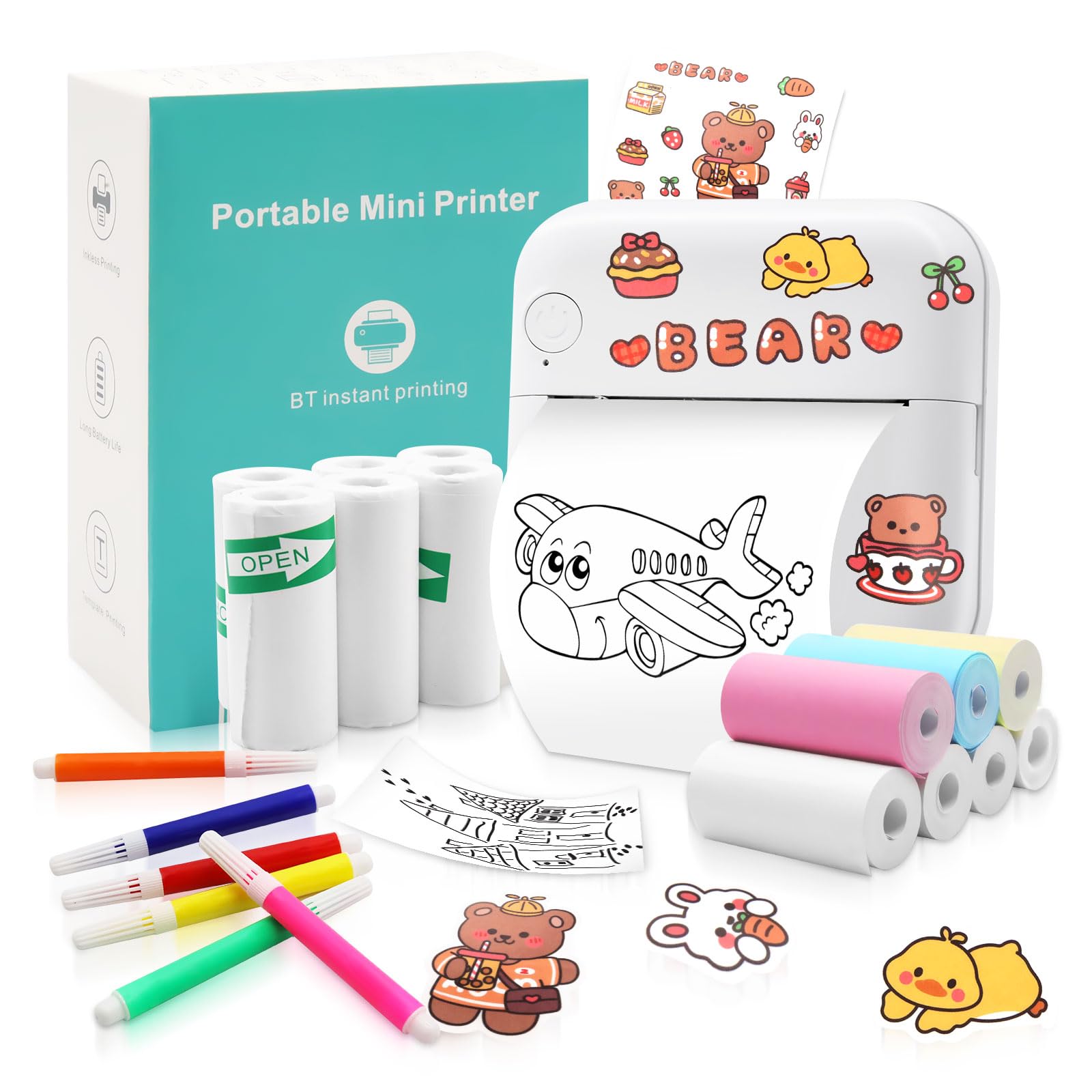 Mini imprimante Photo pour Smartphone,Portable imprimante Thermique avec 13 papiers d'impression Thermique et 5 stylos Aquarelle, pour Apprentissage, Notes d'étude, diagrammes, Photos