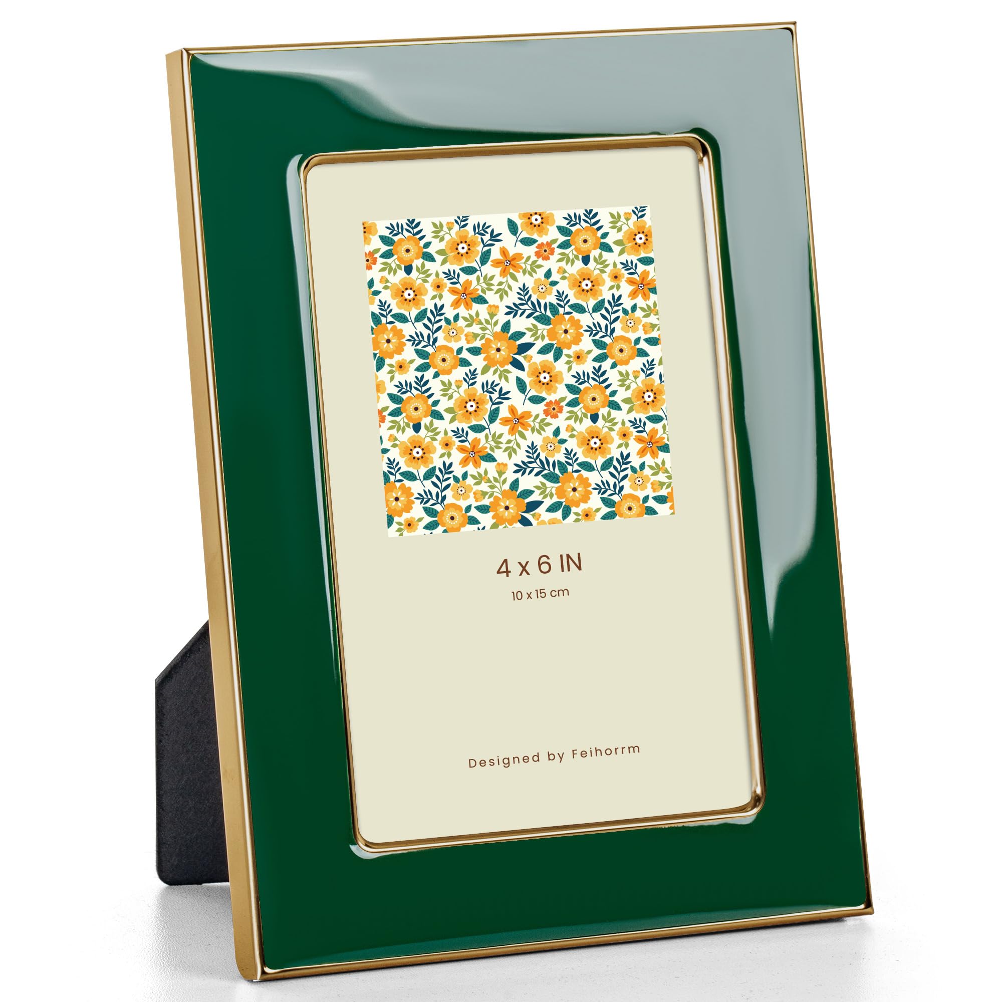 Feihorrm Photo Frame 6x4, Green Enamel Frame with Gold Metal Edge, HD Tempered Glass Picture Frame, Vertical & Horizontal Display, Tabletop & Wall Mount Decor