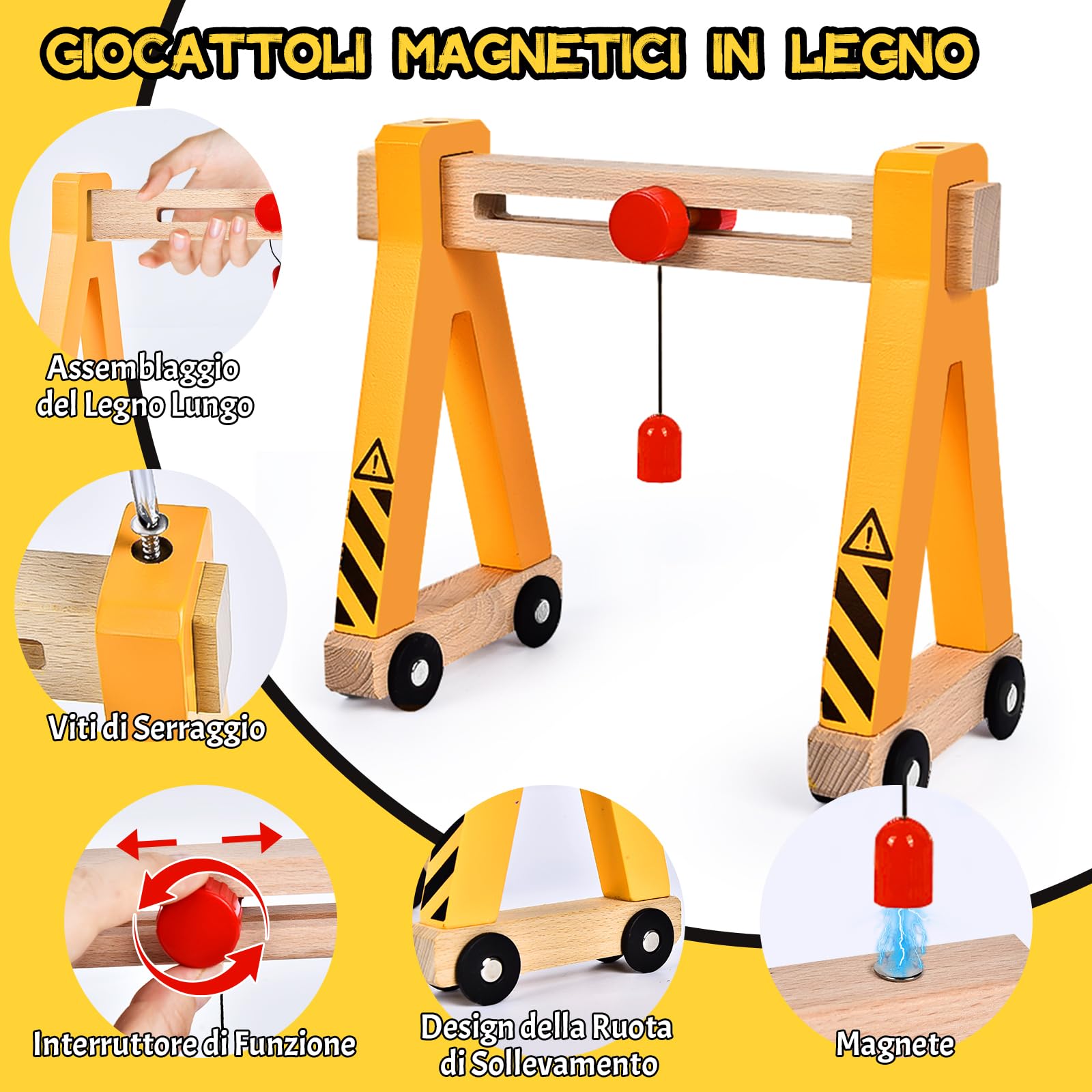 Herenear Veicolo da Cantiere in Legno per Bambini, Magnetico Veicoli con Gru, Bulldozer, Rullo Stradale, Gru a Cavalletto, Giocattoli Educativi per Bambini dai 3 anni in su