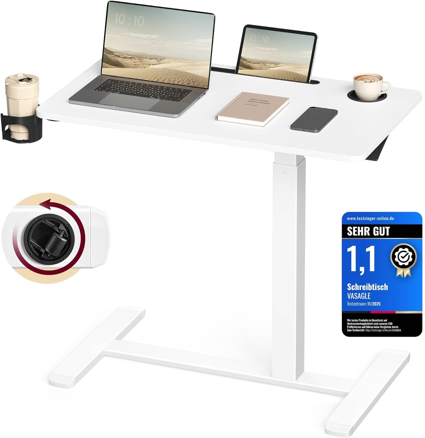 VASAGLE Beistelltisch mit Rollen, mobiler Stehtisch, 80 x 45 cm große Tischplatte, verstellbare Höhe, 2 Getränkehalter, Schlitz für Handy oder Tablet, wolkenweiß LSD601W01