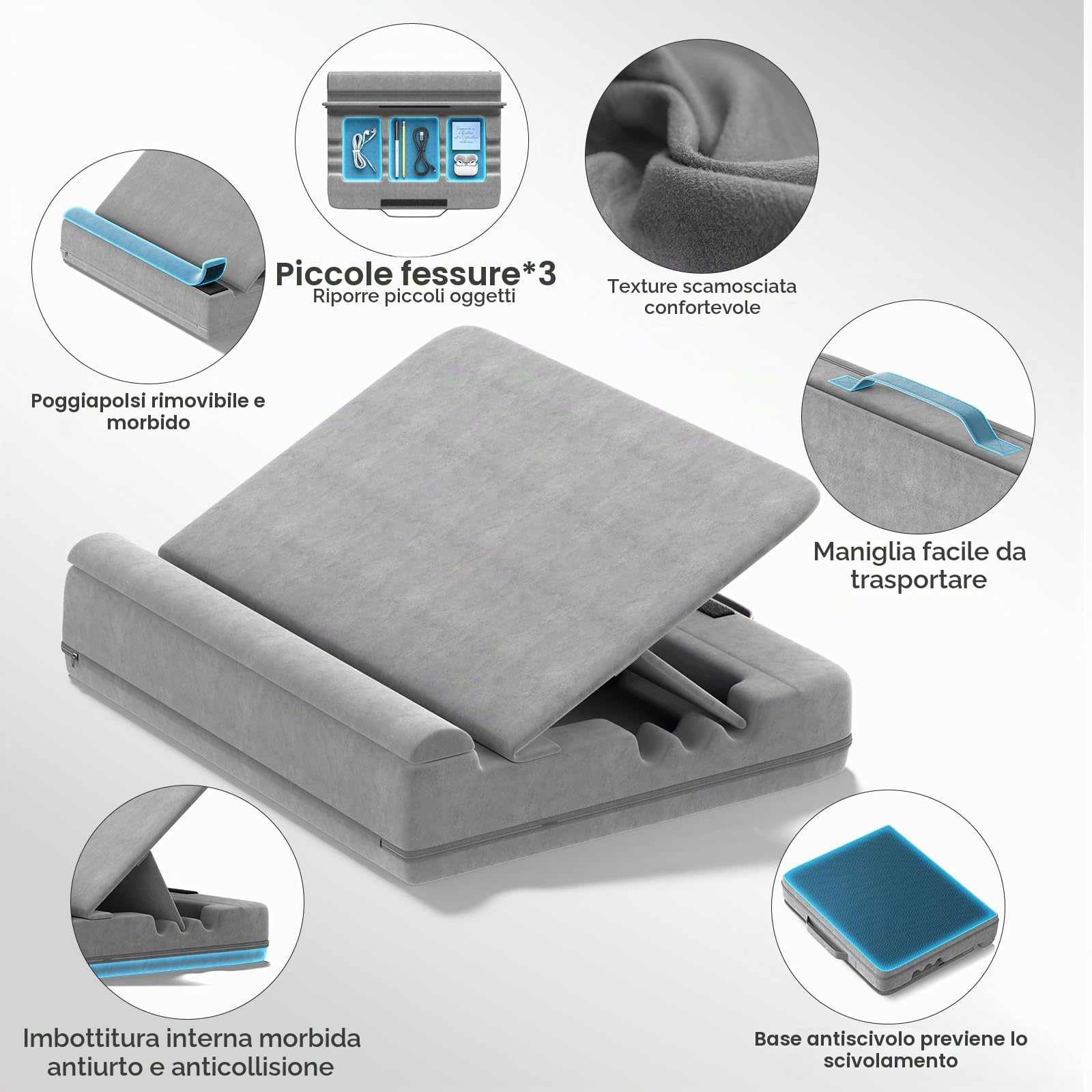Cuscino per Computer Portatile, Porta PC Scrivania con 3 Angolazioni Regolabili, Cuscino Laptop con Poggiapolsi, Supporto Laptop Scrivania Adatto per Lavoro e Domestico, Grigio