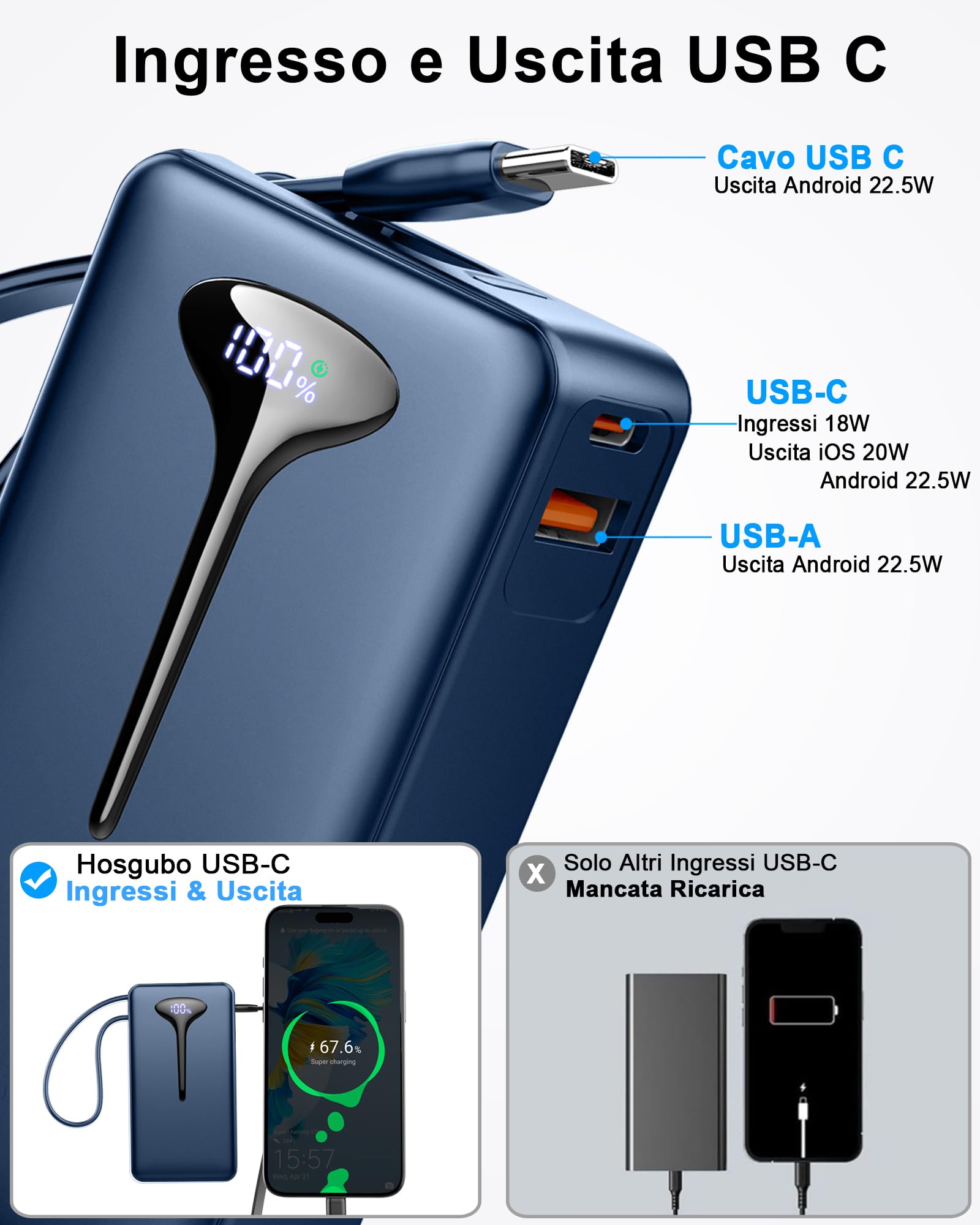 Power Bank, 10000mAh Mini Caricatore Portatile 22.5W Ricarica Rapida, Ultra Portatile Powerbank con USB C Cavo Integrato, Batterie Esterna di 3 porte uscita per iPhone 16 Samsung Xiaomi Android iPad