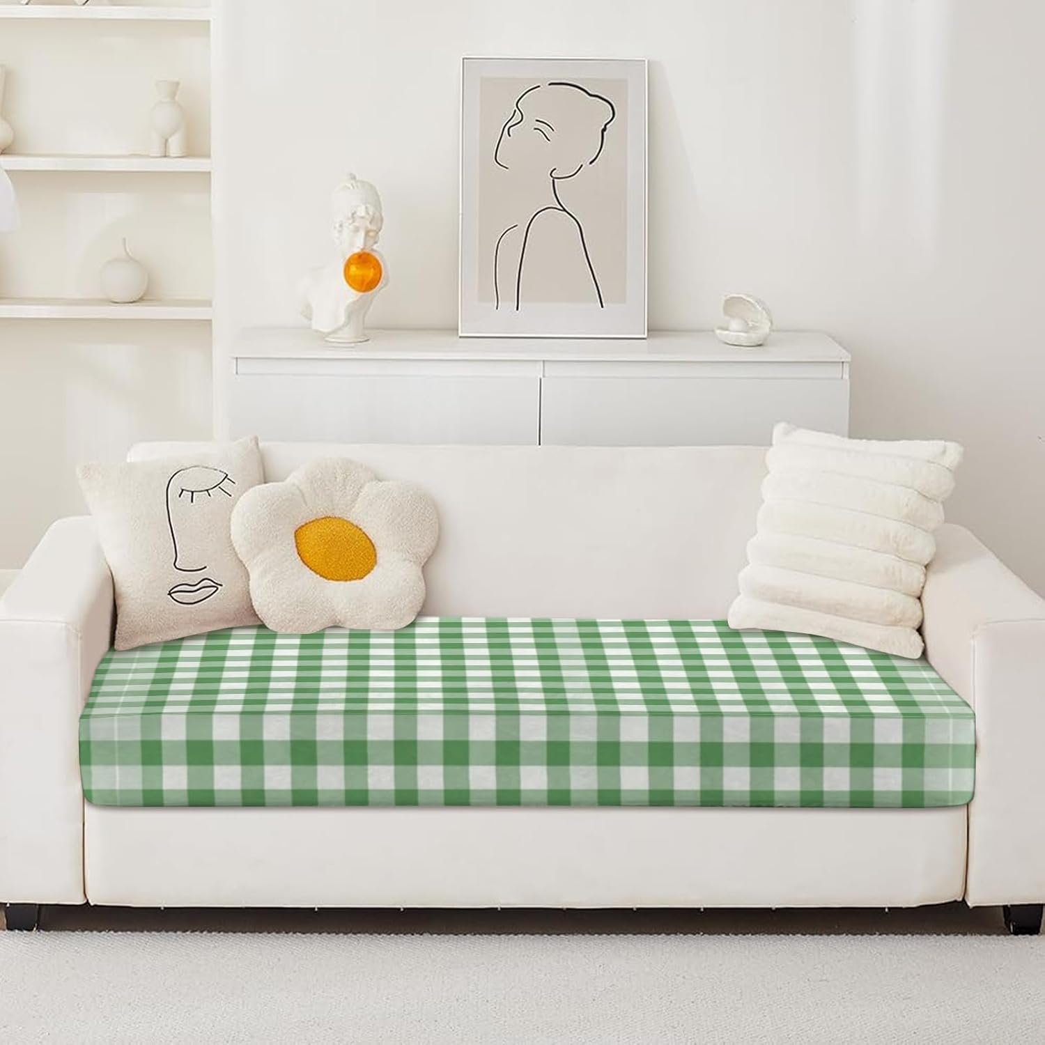 Soft Green White Gingham Loveseat Covers Couch Covers for 2 Cushion Couch, 2-Piece Stretch Sofa Slipcovers Anti-Slip Washable Furniture Protectors for Dogs Pets