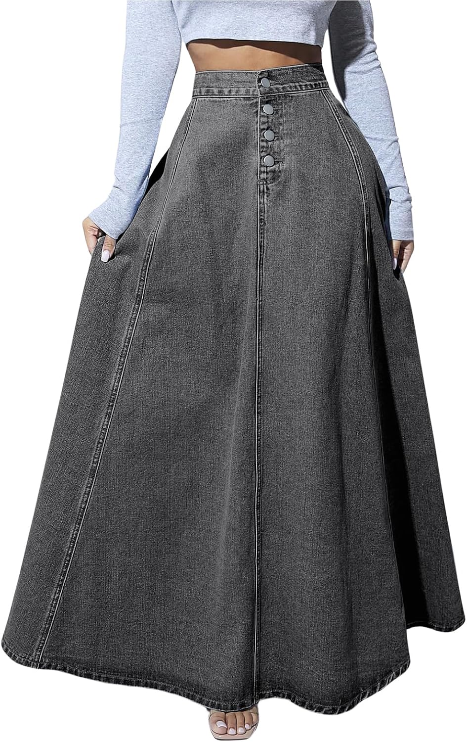ebossy Women's Retro High Waisted Button Fly Flared Long Jean Skirts Pleated Flowy Swing A-line Denim Maxi Skirts
