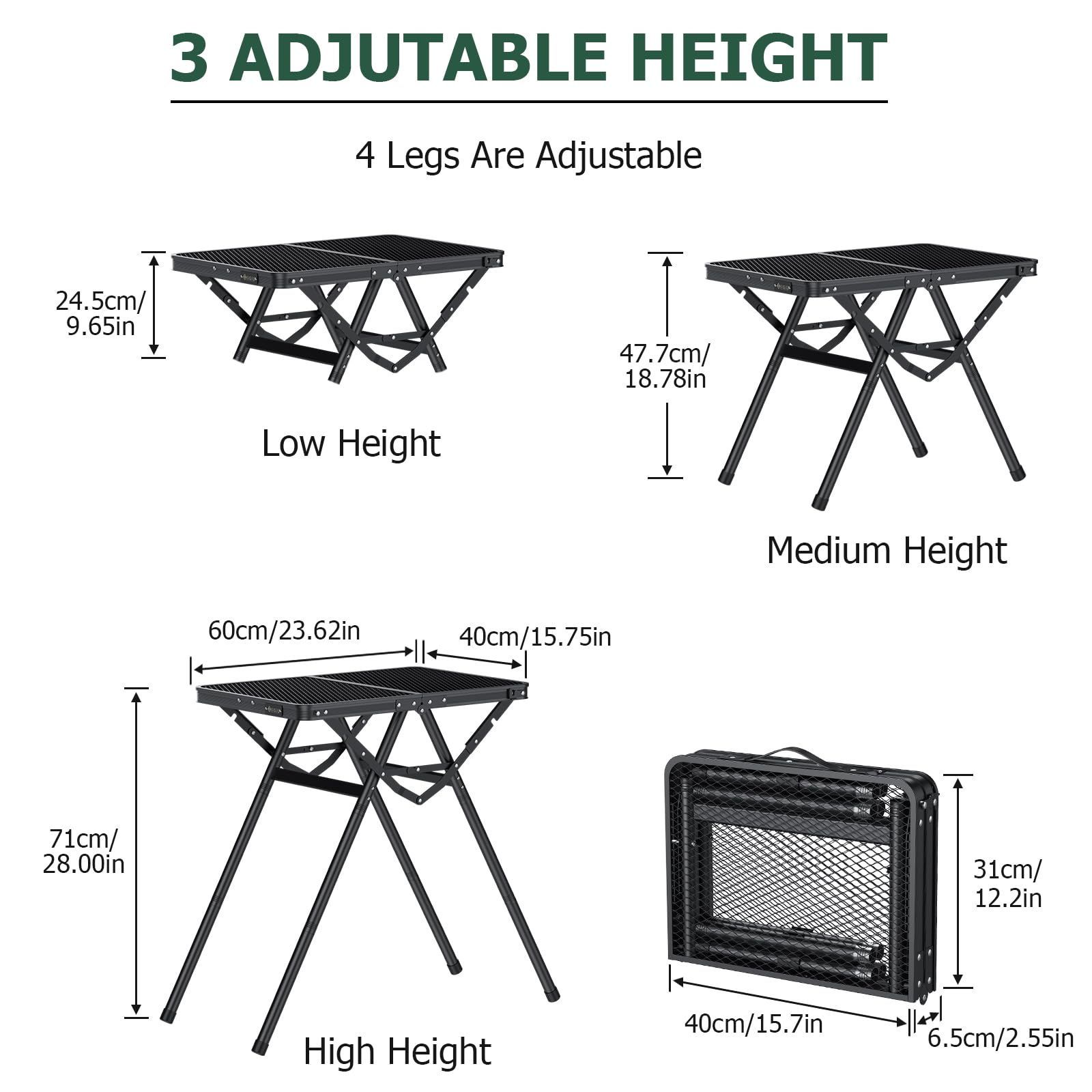 JiGiU Tavolo da Barbecue Pieghevole,Nero, 60x40 cm Altezza Regolabile fino a 71 cm,Struttura a X Ultra Stabile e Portatile per Giardino,Campeggio,Picnic all’Aperto