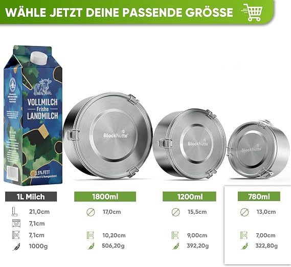 Blockhütte Premium Lunch Box Stainless Steel Children's Round I 780 ml I with Spork and 2 x Seal Set I Lunch Box Stainless Steel Leak-Proof I Lunch Box Metal School I Ovenproof Bowl Dishwasher Safe