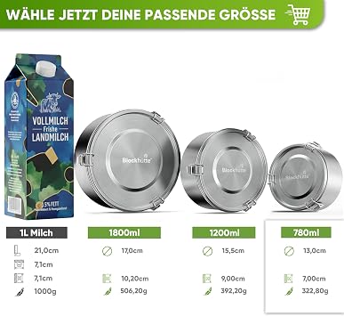 Blockhütte Premium Lunch Box Stainless Steel Children's Round I 780 ml I with Spork and 2 x Seal Set I Lunch Box Stainless Steel Leak-Proof I Lunch Box Metal School I Ovenproof Bowl Dishwasher Safe