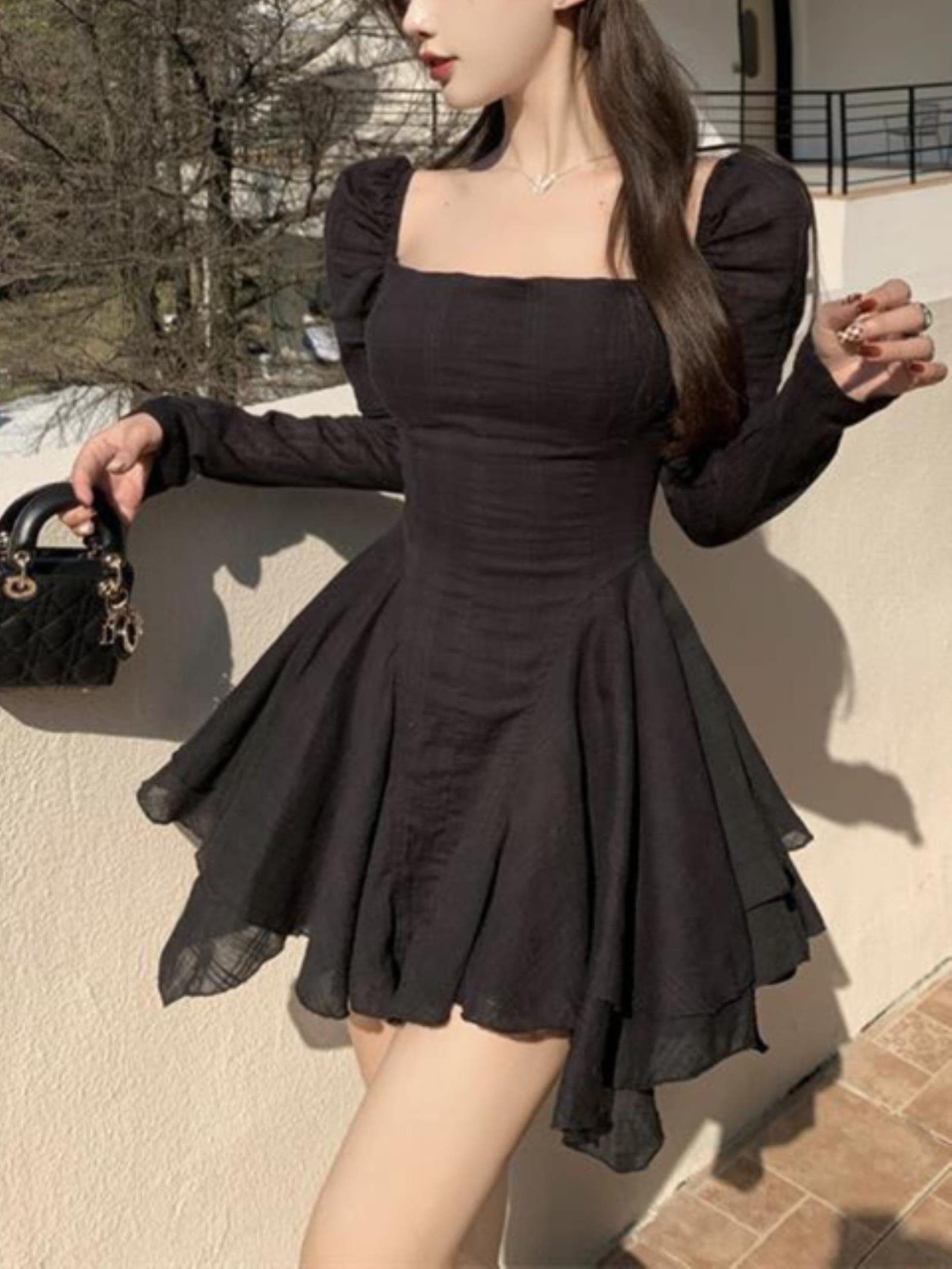 Sexy Y2K Mini Dresses Woman Pure Color Long Sleeve Dress Casual Elegant One  Piece Dress Korean Fashion Feather Slim Design-Black,S : Amazon.nl: Fashion