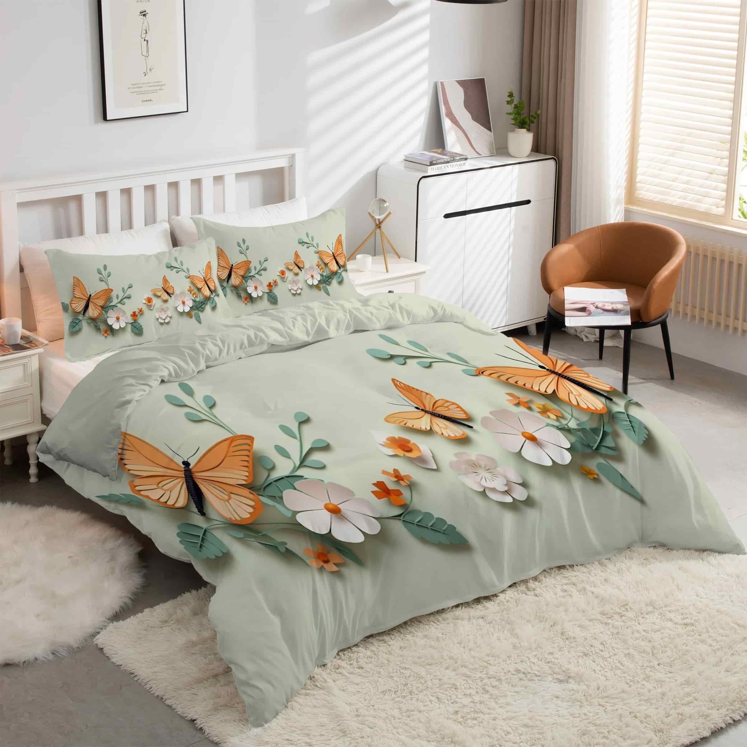 Housse de couette 240 x 260 papillon microfibre douce à fermeture éclair