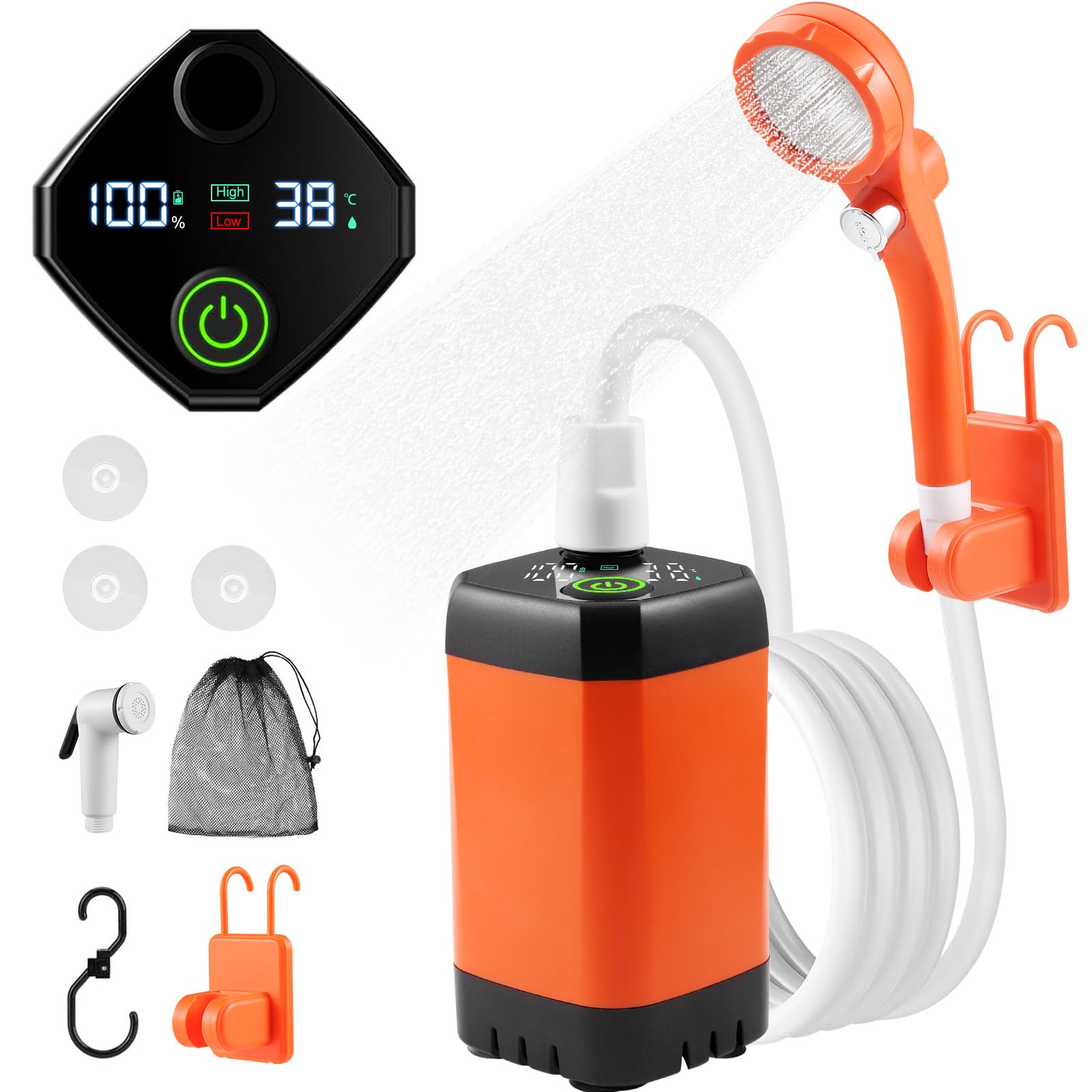 HuuppHip Portable Camping Shower, Electric Shower with LED Temperature Display & 4 Spray Modes, Rechargeable Shower Pump, 6000mAh Battery, IPX8 Waterproof, for Outdoor Camping, Beach, Travel, Pet