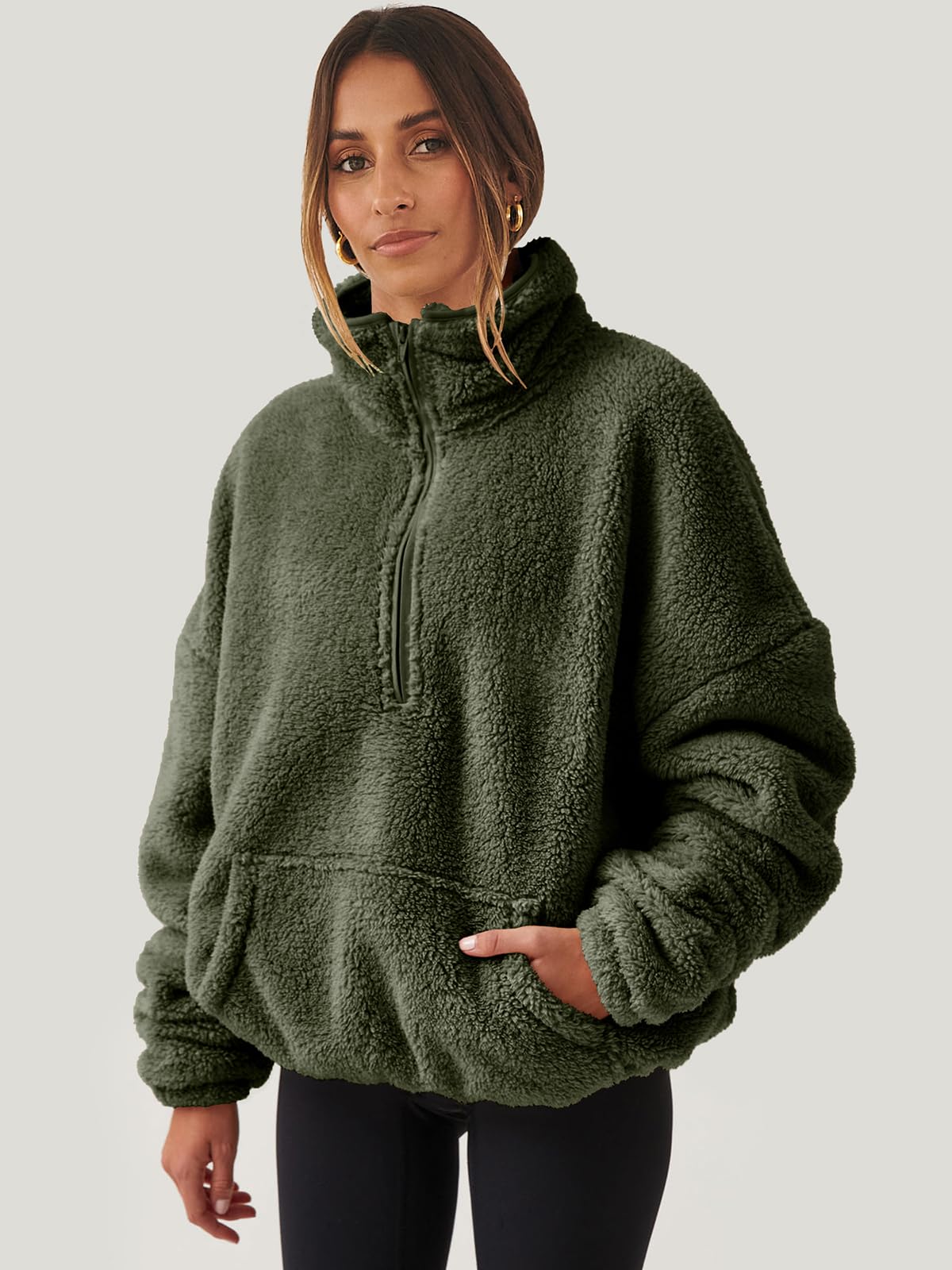 Damskie rozpinane bluzy oversize przycięte bluzy z kapturem na co dzień sweter z polaru topy 2024 moda jesienna, ciemnozielony, XL
