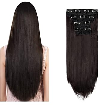 Thick Hair Extensions Clip In For Women 4 Pieces, 24 Inch Full Head Long Straight Clip In On Hair Extensions Classic Hair Pieces Dark Brown