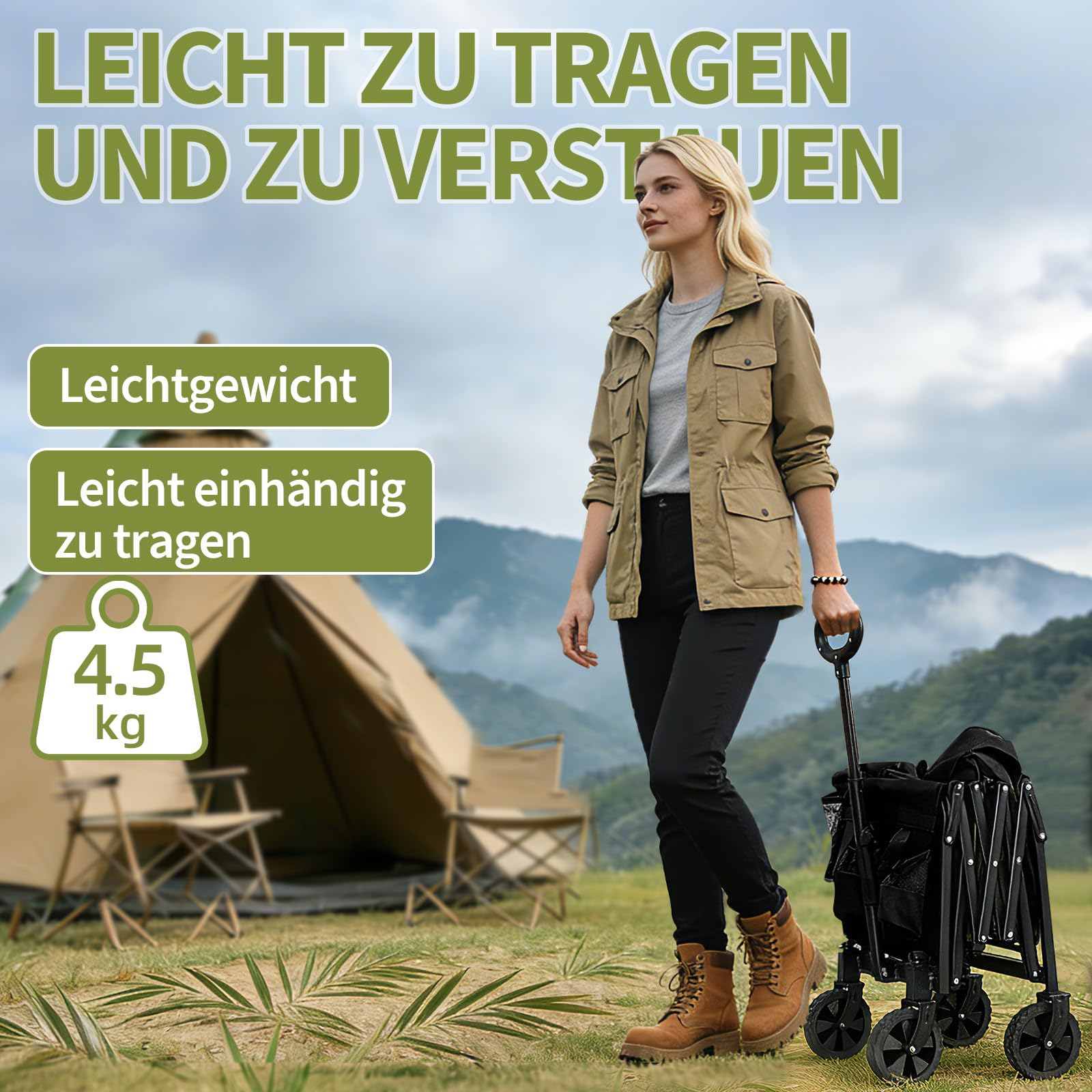 Bollerwagen faltbar,Tragfähigkeit 210 kg, Multifunktionaler Faltwagen mit geländegängigen Rädern, tragbar für Camping, Garten, Einkaufen und Strand (Schwarz, 120L 100 kg Tragfähigkeit)