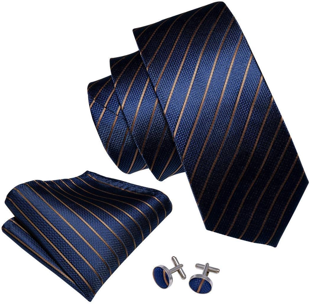 Barry.Wang Tie Sets for Men Silk Stripe Necktie Woven Checkered Handkerchief Cufflinks Formal Business Wedding - Image 2