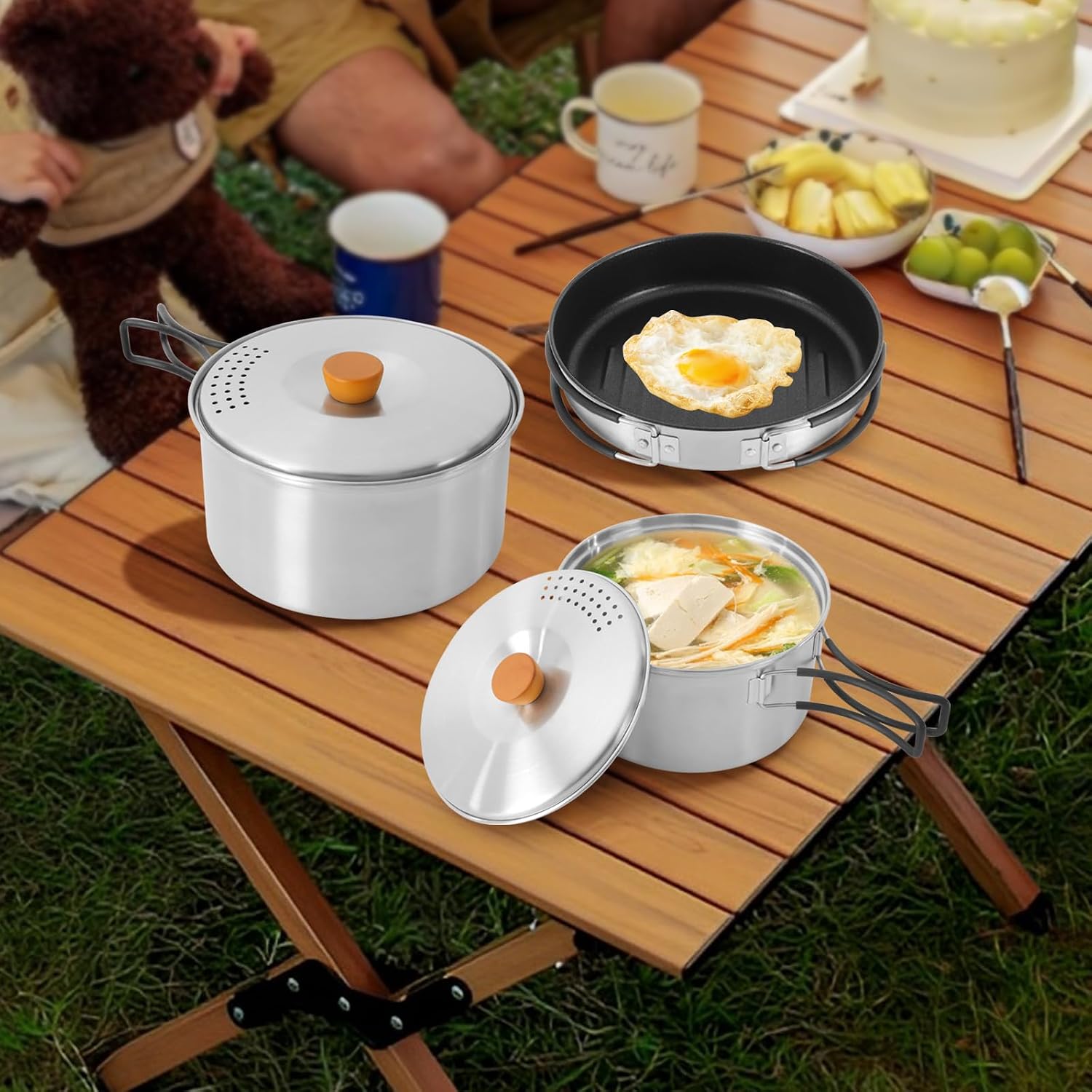 304 Stainless Steel Camping Cookware Set, 3-Piece Nesting Pots & Pans with Storage Bag, Non-Stick Frying Pan for Gas/Induction Stoves, Portable Kit for Backpacking Hiking
