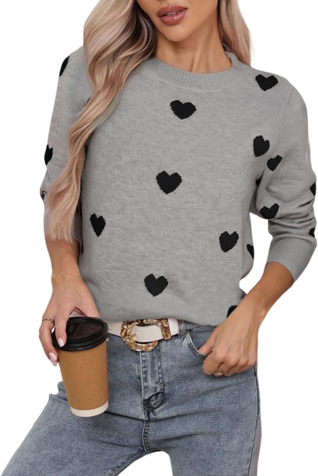 Women's Long Sleeve Crew Neck Pullover Sweaters Lightweight Soft Knit Heart Sweater