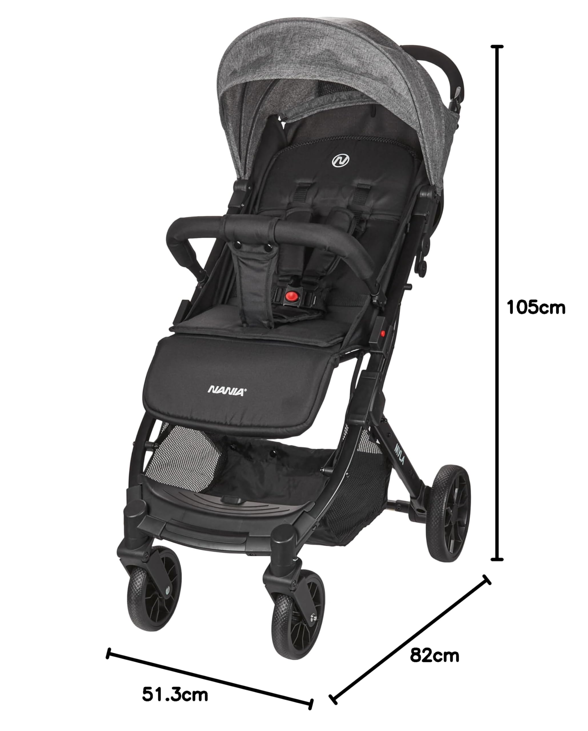 Nania Myla, poussette canne compacte, 0 à 4 ans (22kg max), légère (7,5 kg), poussette citadine, inclinable d’une main en position allongée, grand panier de rangement, avec trolley de transport