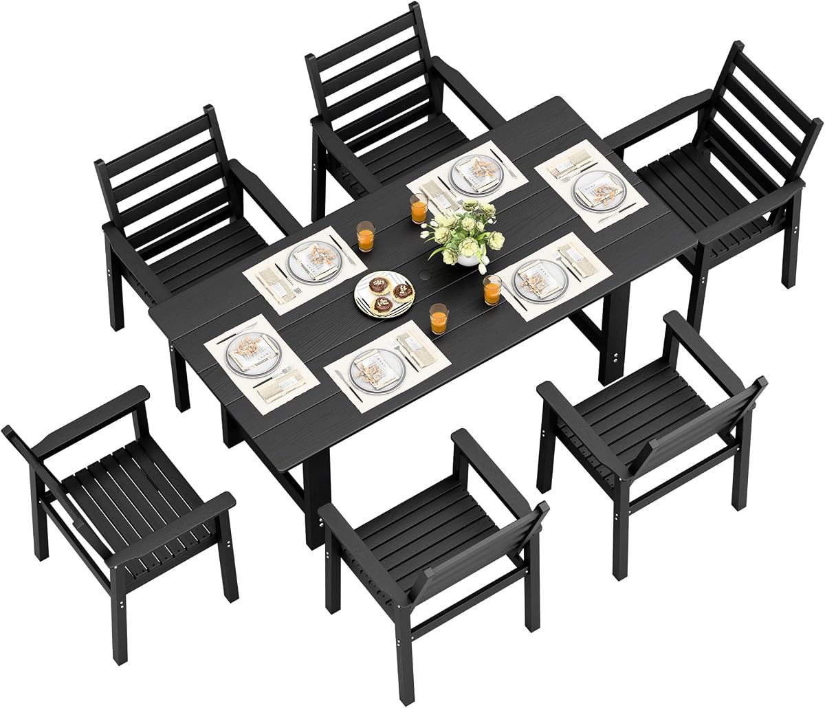Devoko Juego de comedor para patio de 7 piezas, 1 mesa con orificio para sombrilla y 6 sillas ergonómicas | Muebles de exterior de HDPE, juego de comedor resistente a la intemperie para patio trasero, césped, terraza, piscina y reuniones familiares