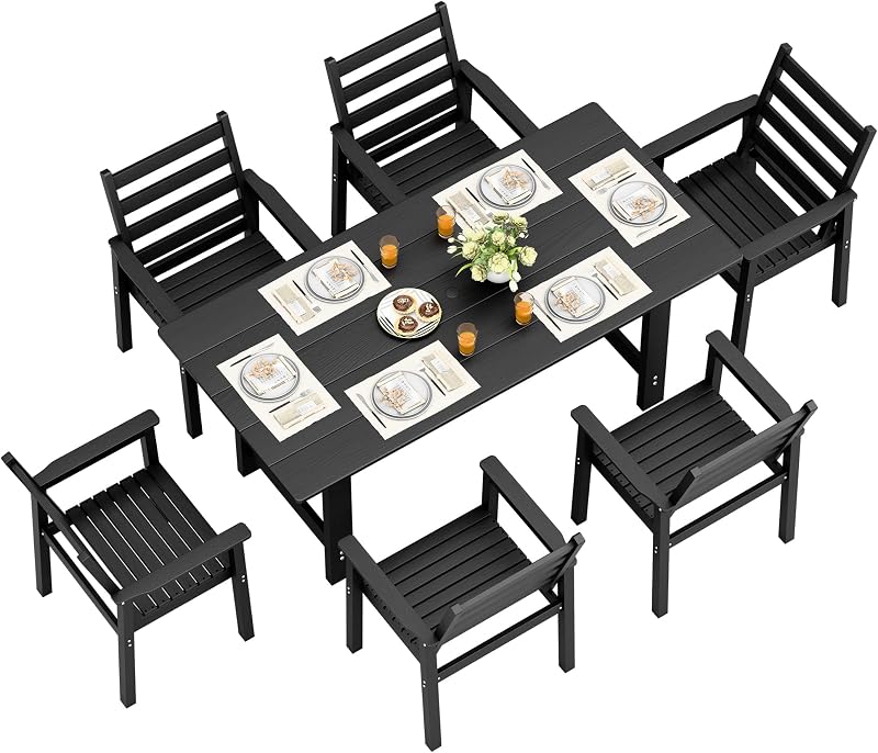 Devoko Juego de comedor para patio de 7 piezas, 1 mesa con orificio para sombrilla y 6 sillas ergonómicas | Muebles de exterior de HDPE, juego de comedor resistente a la intemperie para patio trasero, césped, terraza, pileta y reuniones familiares