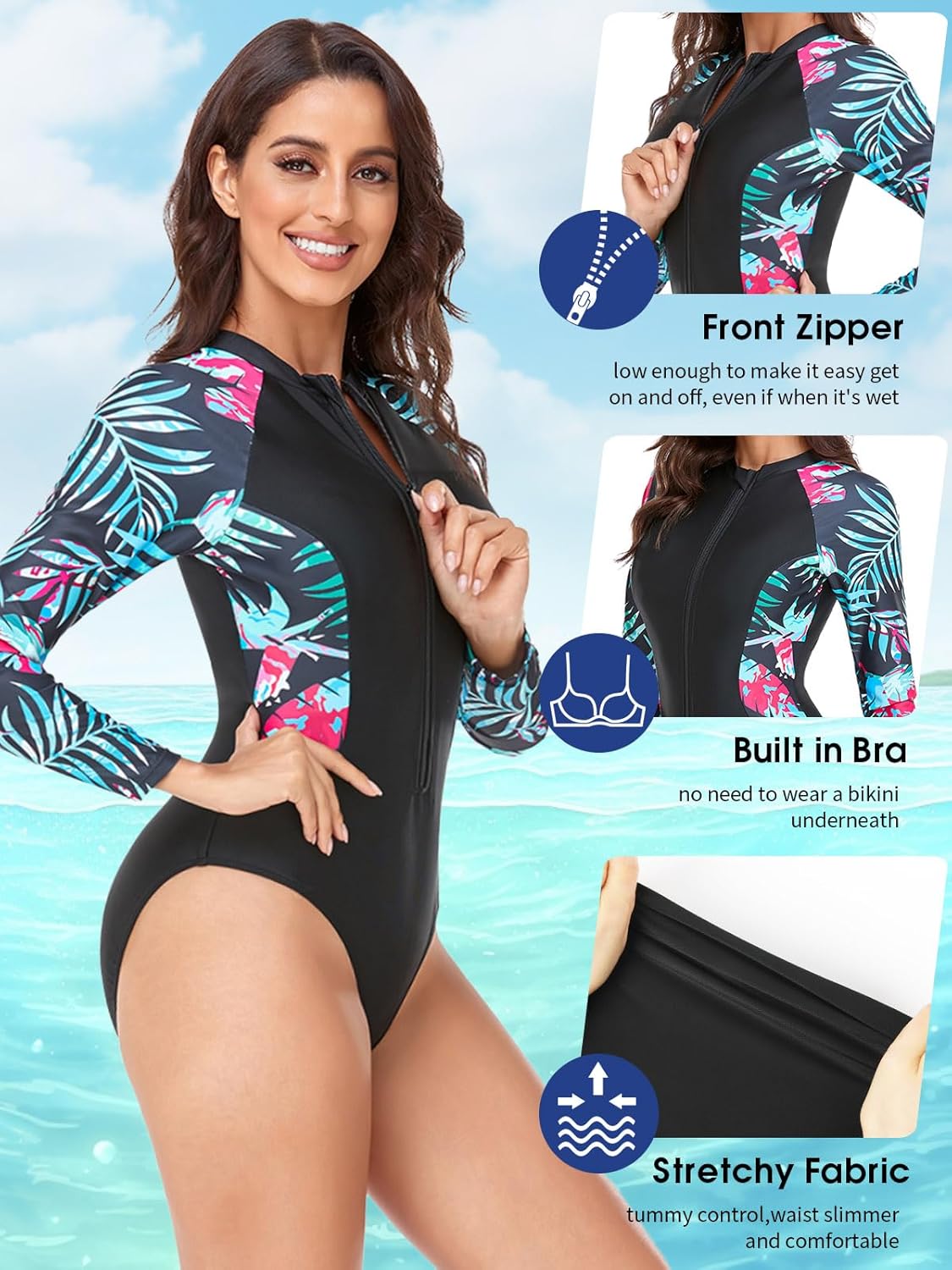 SHAPERIN Women's Long Sleeve Rash Guard UV UPF 50+ Sun Protection Zipper Printed Surfing One Piece Swimsuits Bathing Suit - Image 3