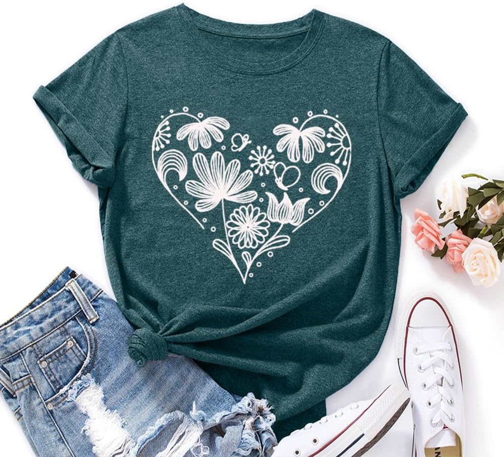 Flower Tshirts Shirts for Women Cute Dandelion Tshirt Casual Short Sleeve Wildflower Floral Heart Print Graphic Tee Tops