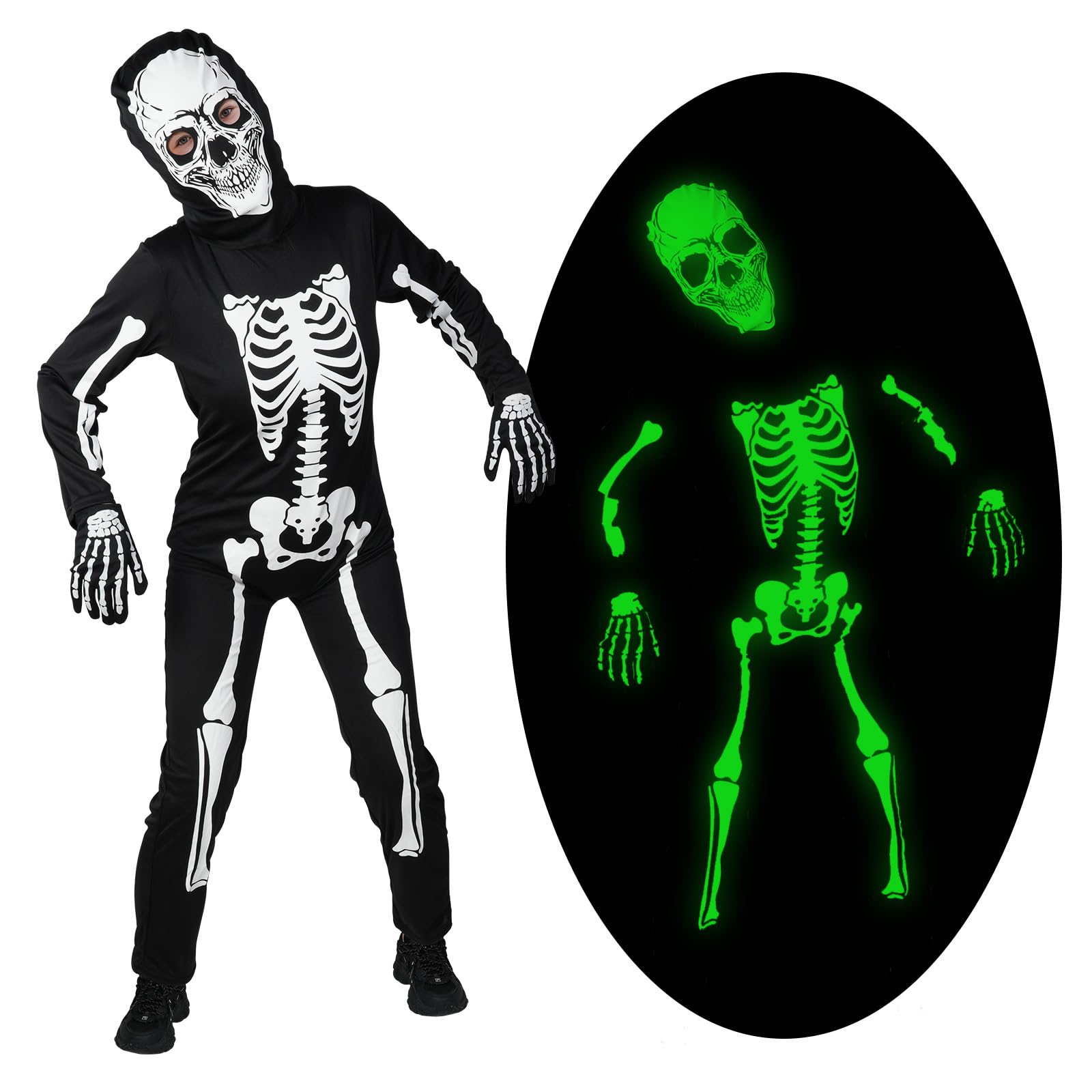 AYBUY Costume da Scheletro Per Bambini, Luminoso Costume Scheletro Tuta Scheletro con Cappuccio, Costume Scheletro Bambino Glow in Dark per Halloween, Carnevale, Theme Party