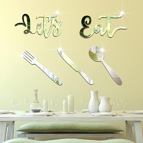 Miniatura 4 de 4 letreros de "Let's Eat" para decoración de pared de cocina, espejo acrílico 3D, calcomanía de pared, tenedor, cuchara, cuchillo, letrero de comer,