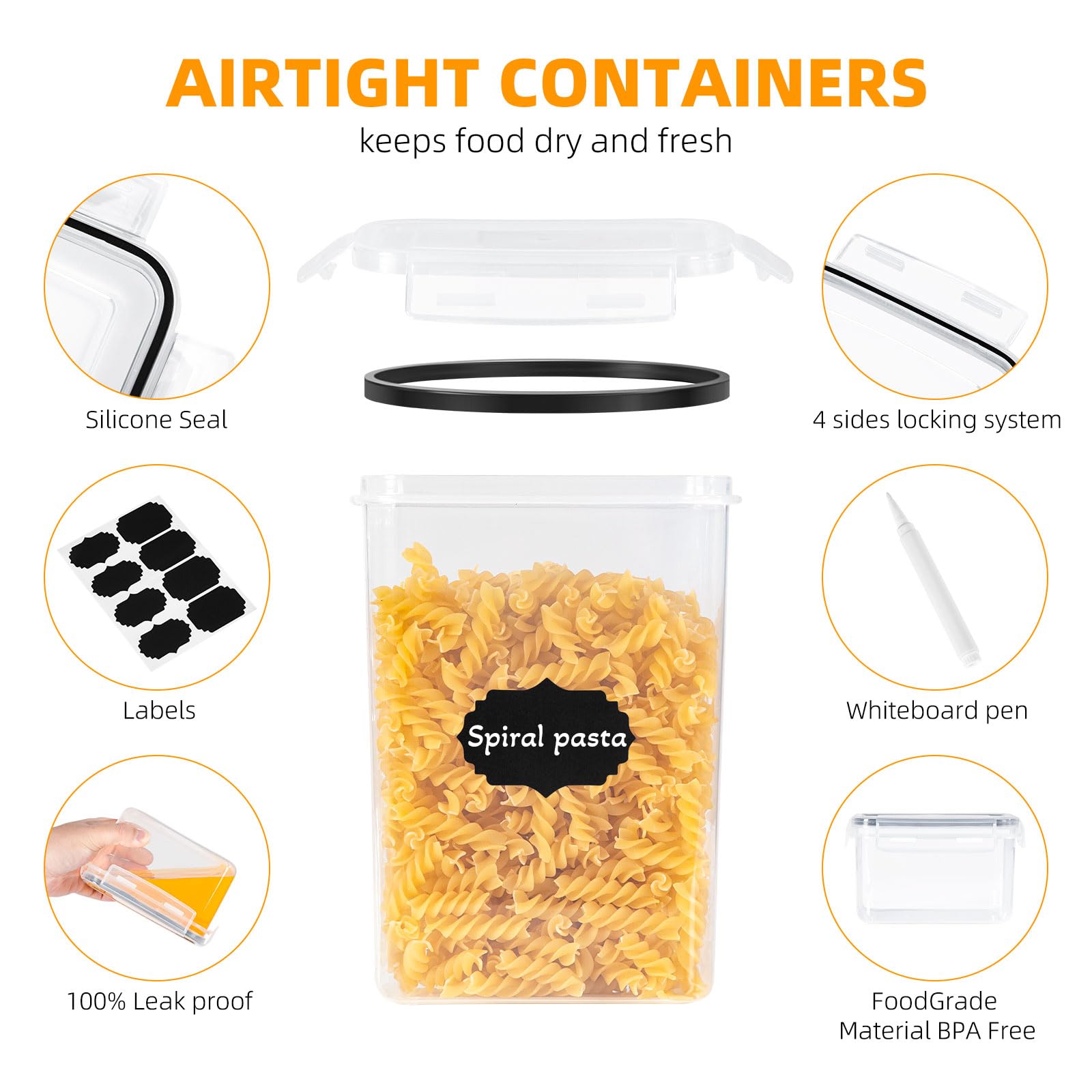 FoiiLiio 1.6L Boite de Rangement Cuisine Lot de 8, Sans BPA Bocaux Hermetiques Alimentaires en Plastique Scellée avec Couvercle