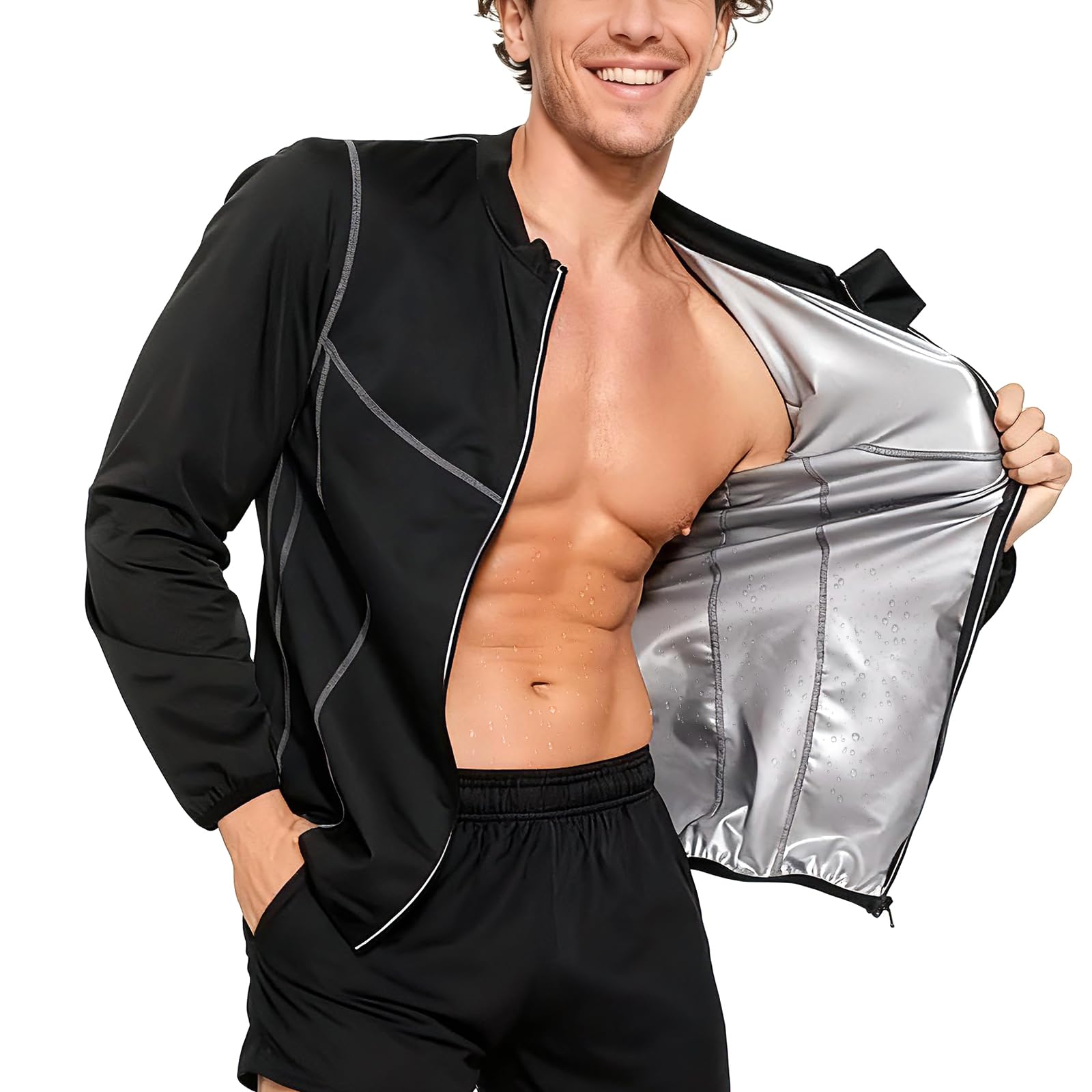 GENEMEN Mens Sauna Suit Fitness Long Sleeve Gym Top Trainer Sweatsuits Slimming Sports Jacket with Zipper (Inner Sliver, XXL)