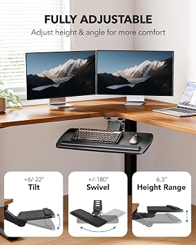 HUANUO Keyboard Tray Under Desk, 360 Adjustable Ergonomic Sliding Keyboard & Mouse Tray, Under Desk Keyboard Tray Slide Out, Keyboard Holder Under Desk for Typing in Home, Office Work, 25W x 9.84D