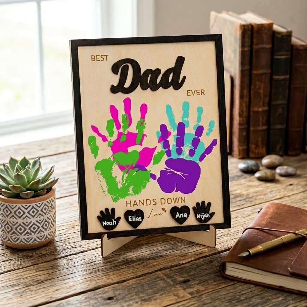 Personalized Fathers Day Crafts for Kids, Handmade Best Dad Ever Sign with Kids Handprint Art, Custom Ink Name, DIY Craft Kit for Father's Day, Meaningful Gift from Wife & Children, Unique Birthday Gift Idea for Dad