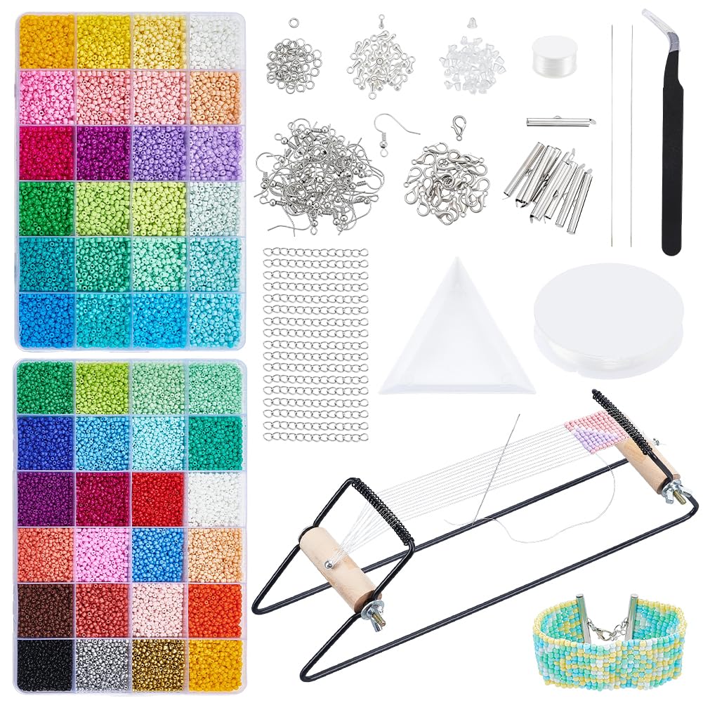 NBEADS Kit Telaio Per Perline, Materiali Per Telaio Con 48 Colori Perline Vetro Da 2/3 Mm, Telaio Per Perline A Ferro Per Creare Bracciali, Orecchini E Gioielli Natalizi