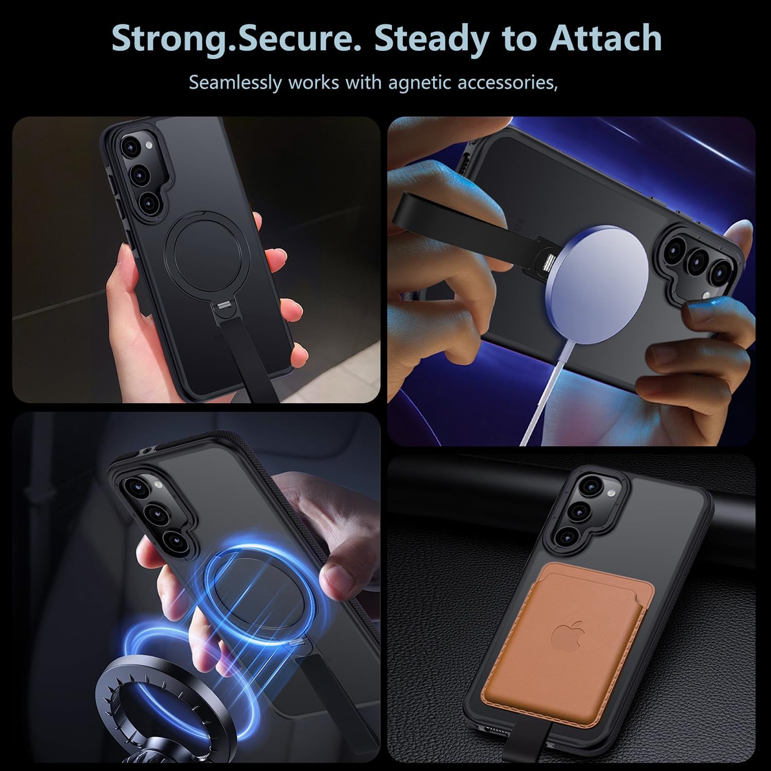 360°Spin Magnetic Stand with Silicone Strap for Samsung Galaxy S24 Plus Case[Fit for MagSafe], Mil-Grade Shockproof Translucent S24+Plus Phone Case with Kickstand&Ring Holder (Black)