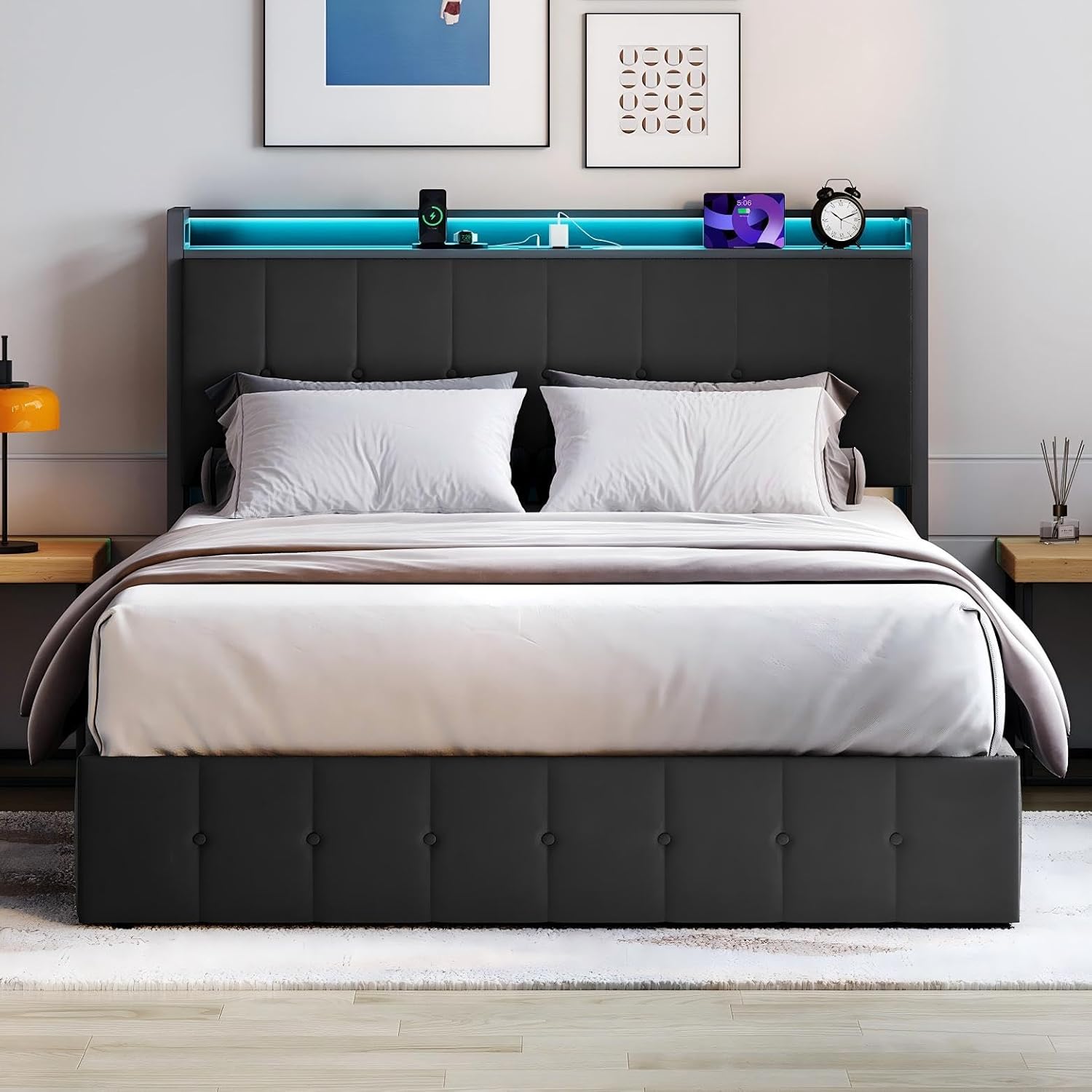 GarveeHome King Bed Frame with Lift Up Storage, Upholstered Velvet Bed with Storage Headboard, Metal Platform Bed, Hydraulic Support, No Box Spring Needed, Black