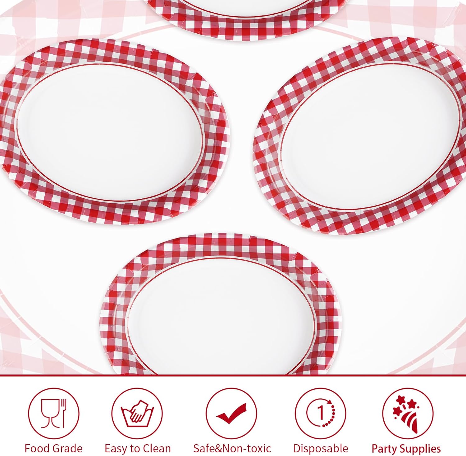 50Pcs Gingham Oval Paper Plates 10" x 12" Large Disposable Heavy Duty Red and White Buffalo Checked Plaid Dessert Platter Sturdy Plate for Summer Pizza BBQ Picnic Crawfish Boil Birthday Party Supplies