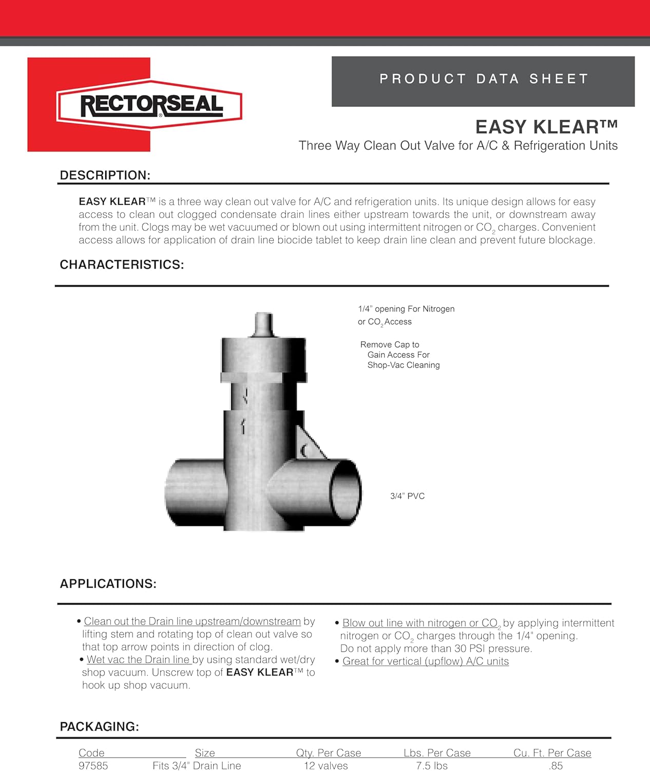 Rectorseal 97585 Easy Klear 3-Way Condensate Line Cleanout Valve