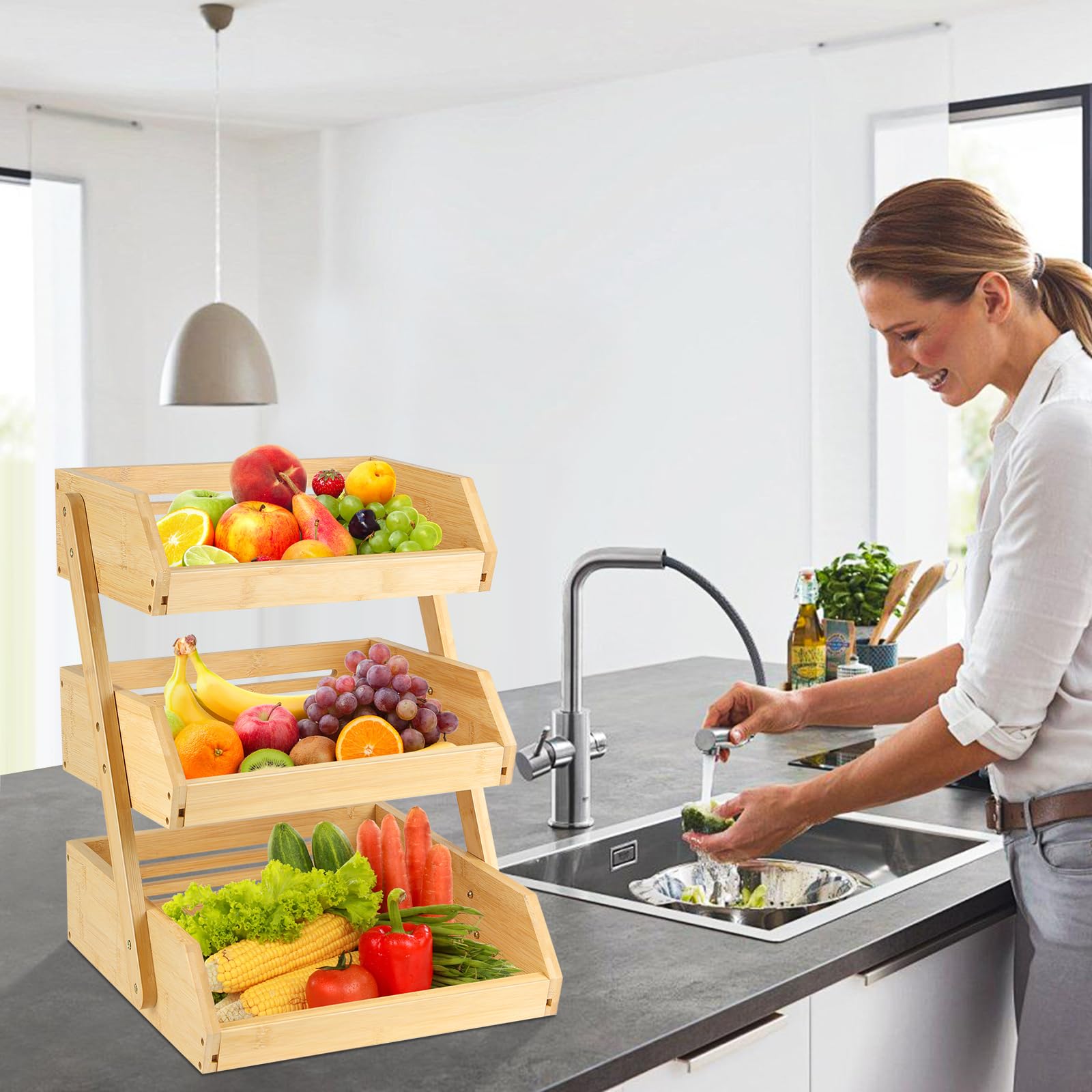 HUOLE Support de Corbeille à Fruits en Bambou 3 Niveaux Support pour Le Rangement des légumes, du Pain dans la Cuisine, 30*33*41cm (3 couches)