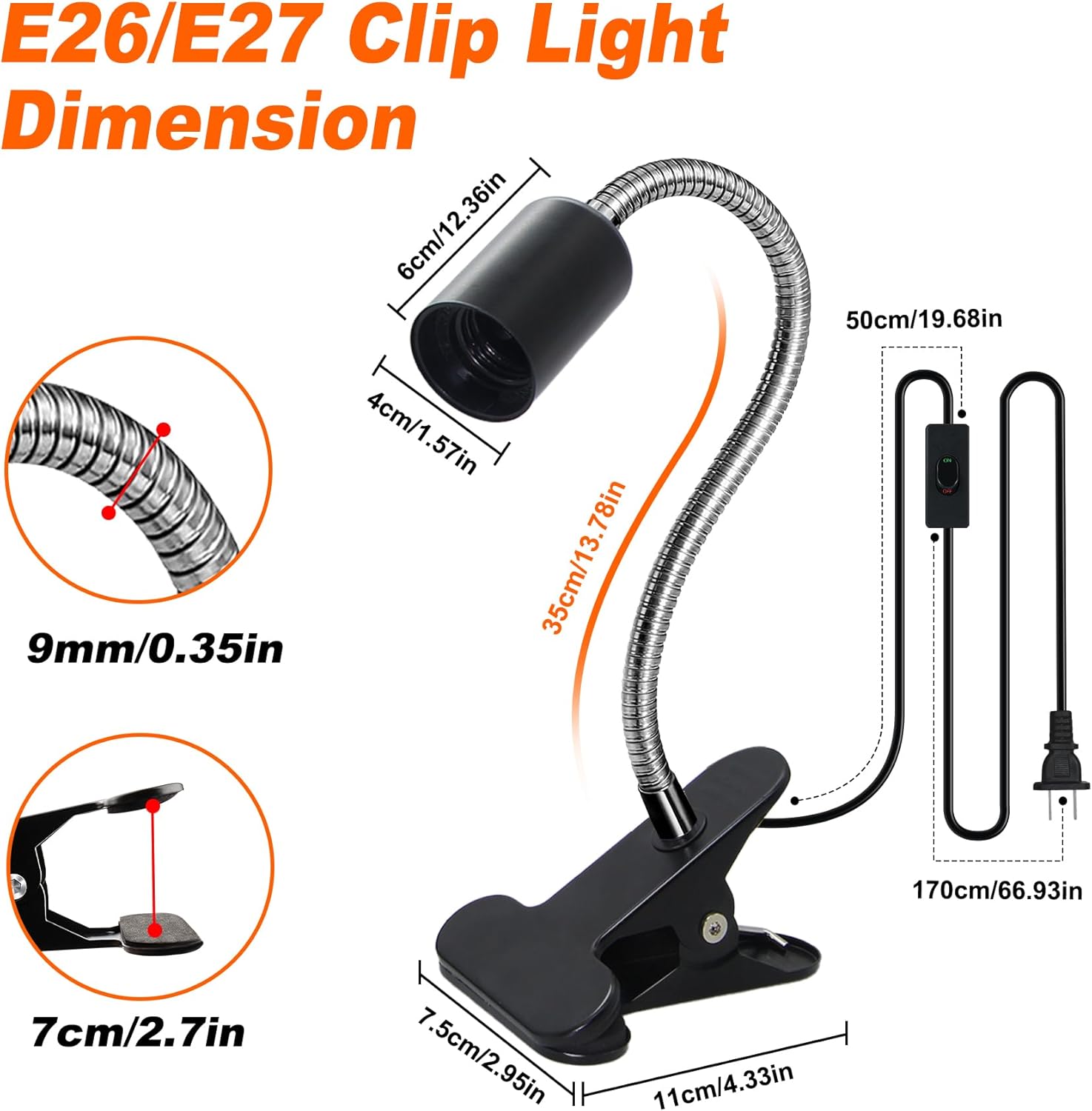 Clip-on E26/E27 Clamp Light Socket with 220 CM Cable, 360 Rotatable Flexible Desk Lamp, 9MM & 350MM Thickened Lengthened Gooseneck, Metal Base, for Bedside