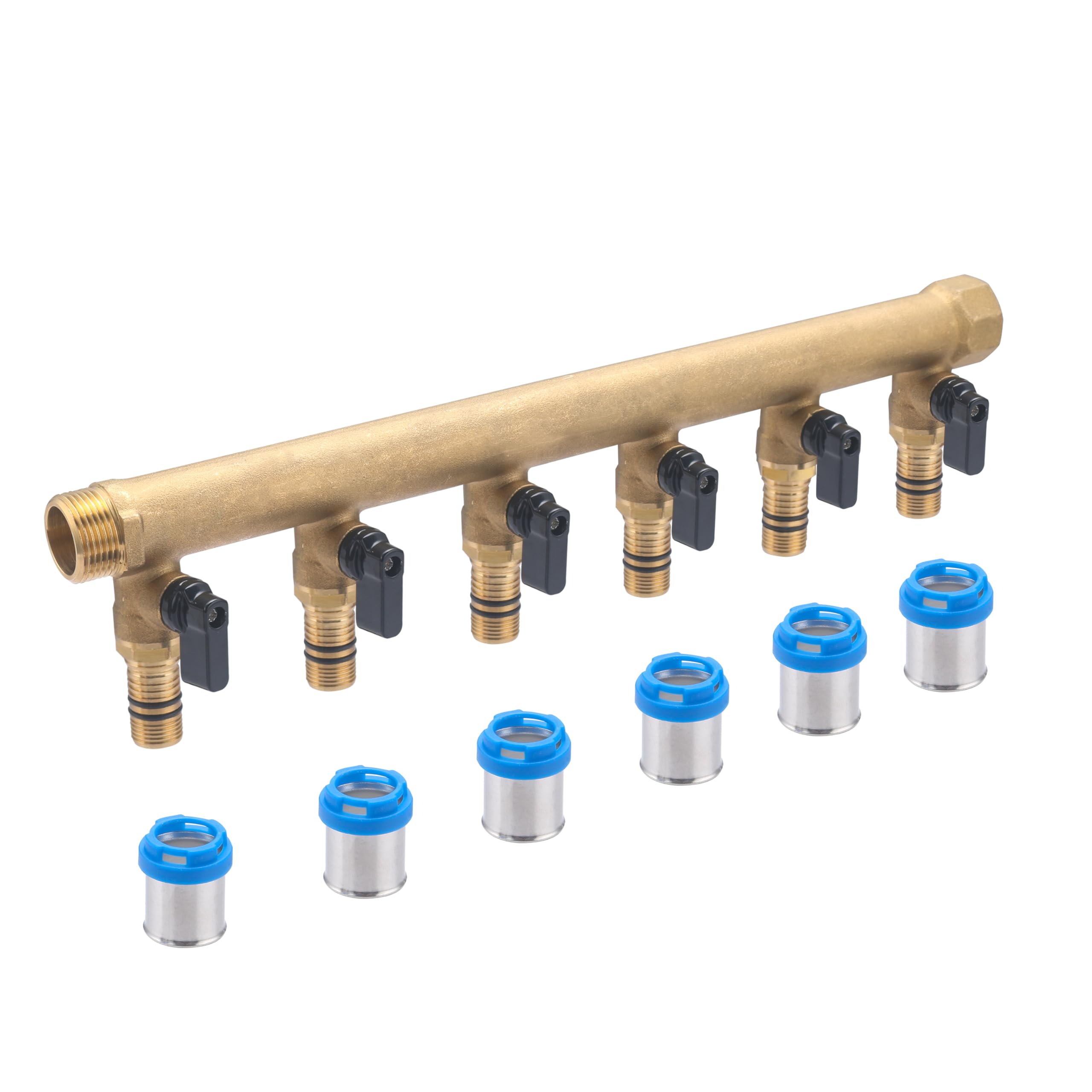 Colector macho-hembra 3/4 con 6 salidas multicapa a prensar Ø20 y válvulas | Latón | Conexión segura, duradera y precisa | Ideal para fontanería | Fácil instalación | QUICK PLOMBERIE